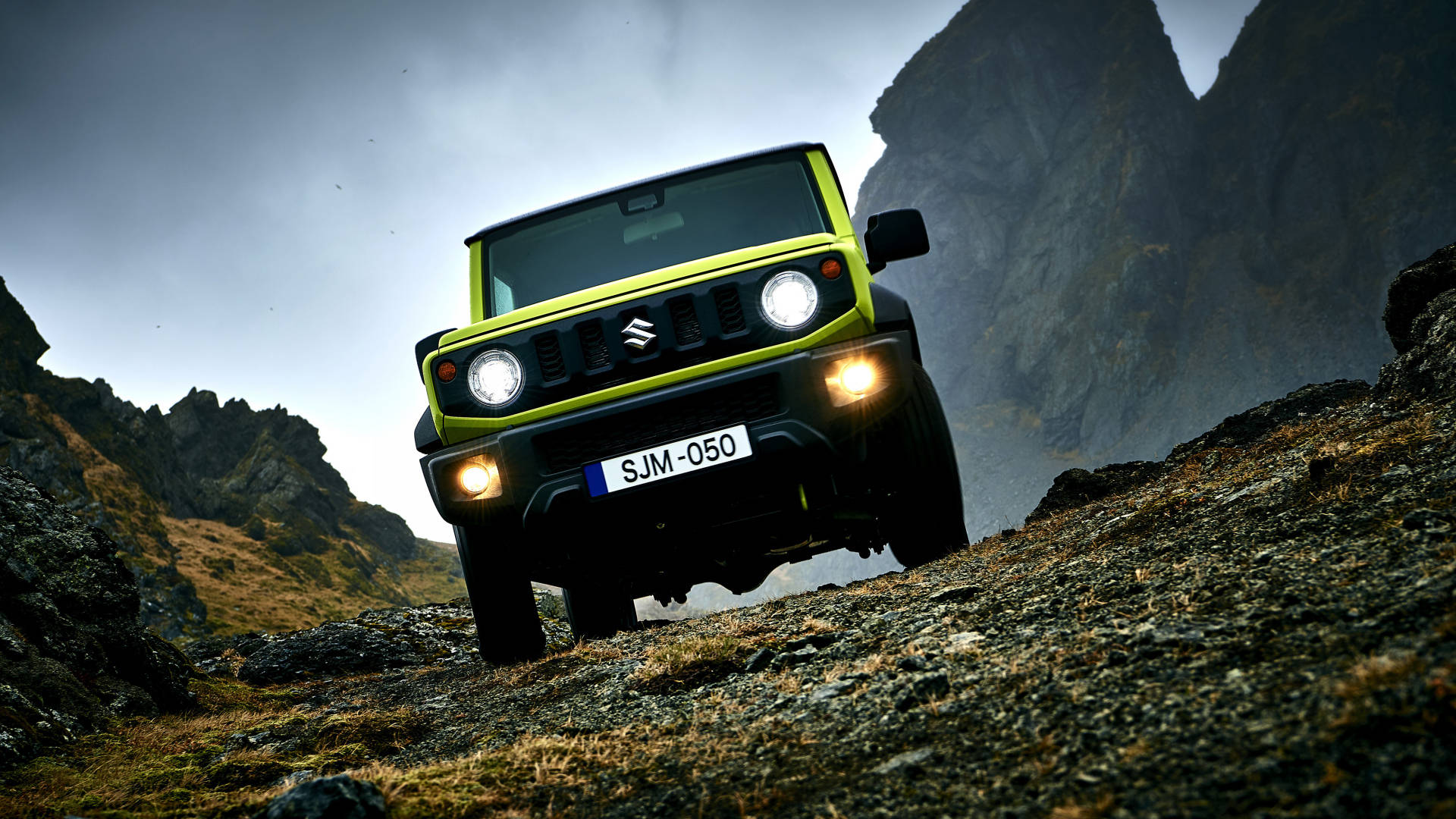 Suzuki Jimny, bright lime green, rugged mountain trail, Full HD Desktop Wallpaper