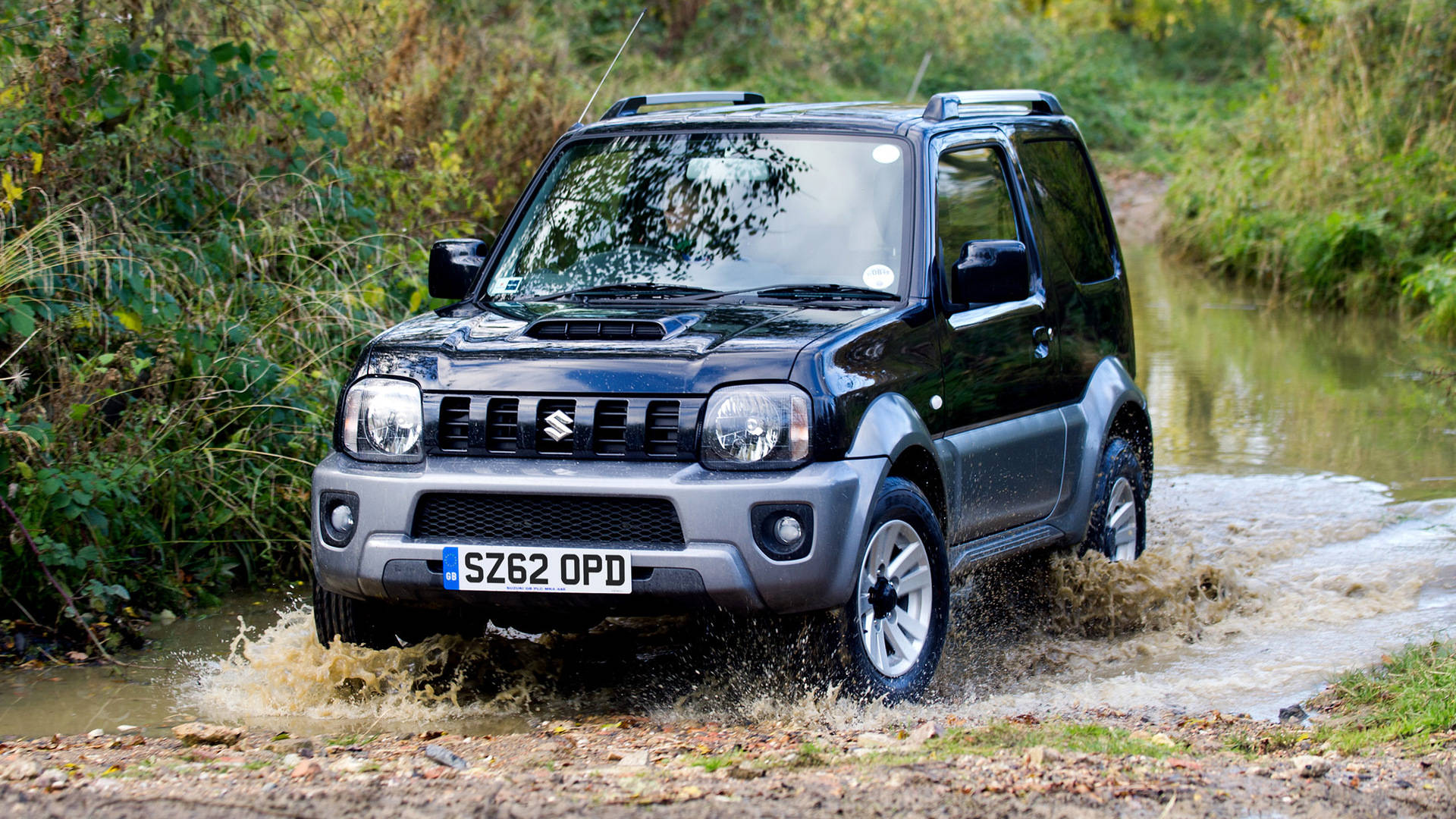 2012 Suzuki Jimny, black Suzuki Jimny, muddy forest stream, Full HD Desktop Wallpaper