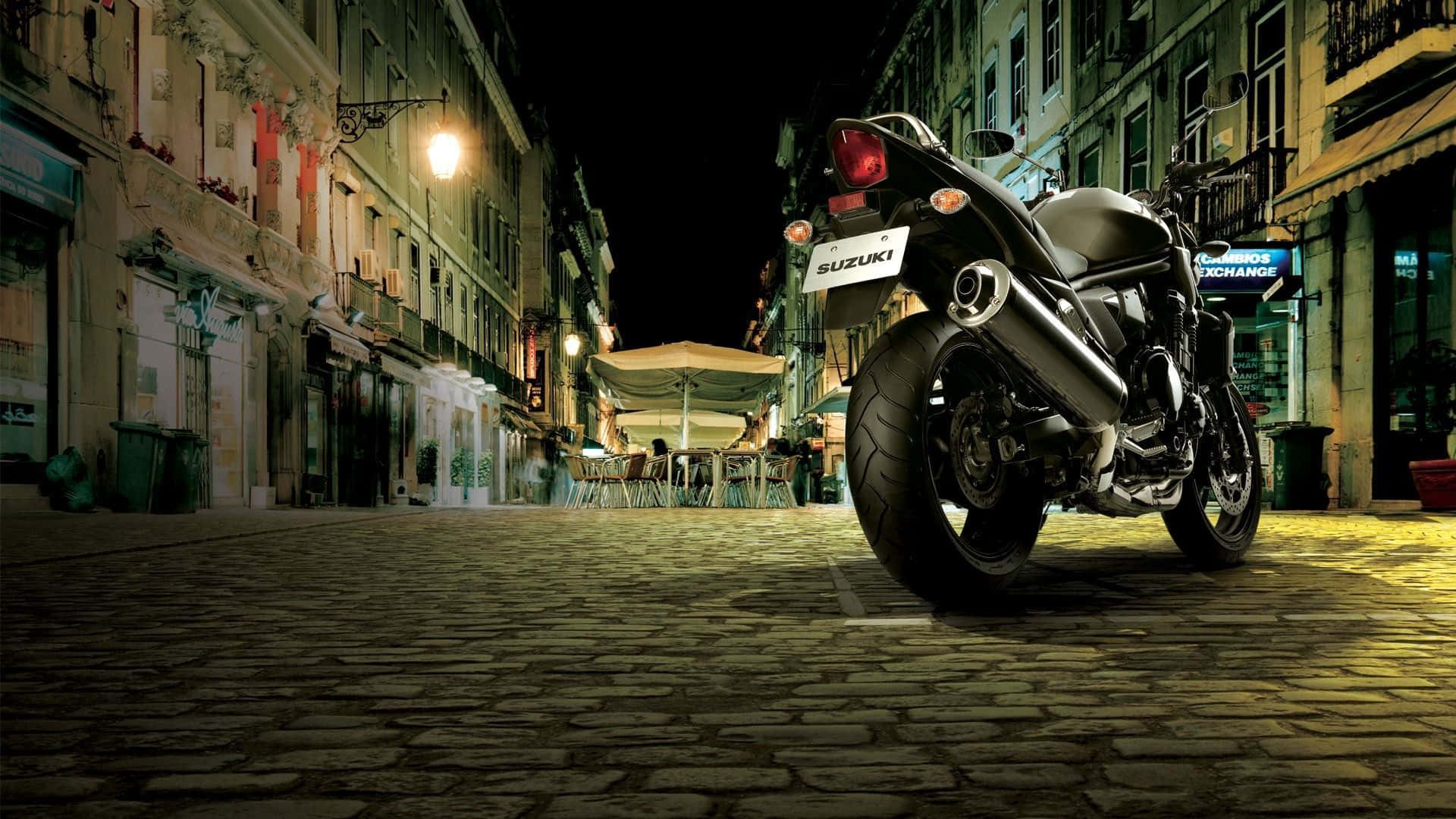 Suzuki motorcycle, black, cobblestone street, Full HD Desktop Wallpaper