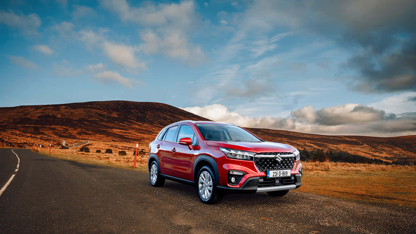 Suzuki S-cross Hybrid, vibrant red, winding road, HD Desktop Wallpaper