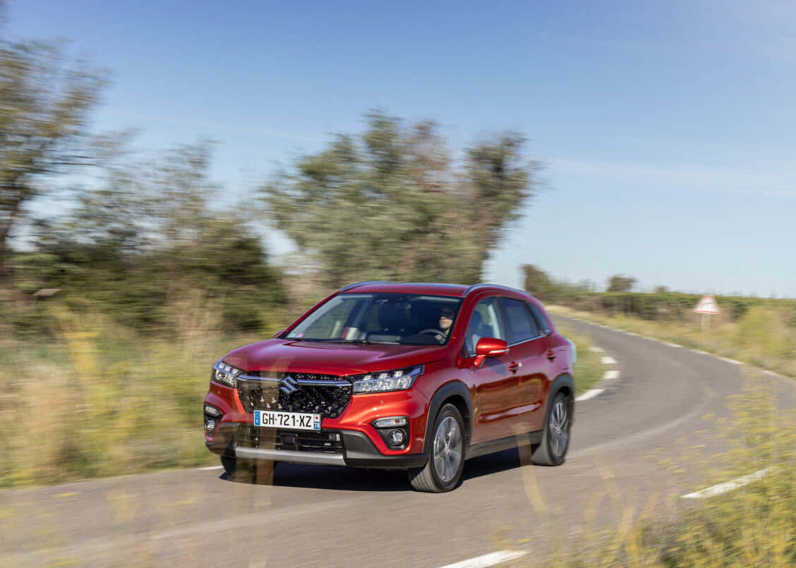 Suzuki S-Cross Hybrid, vibrant red, winding rural road, SD Desktop Wallpaper