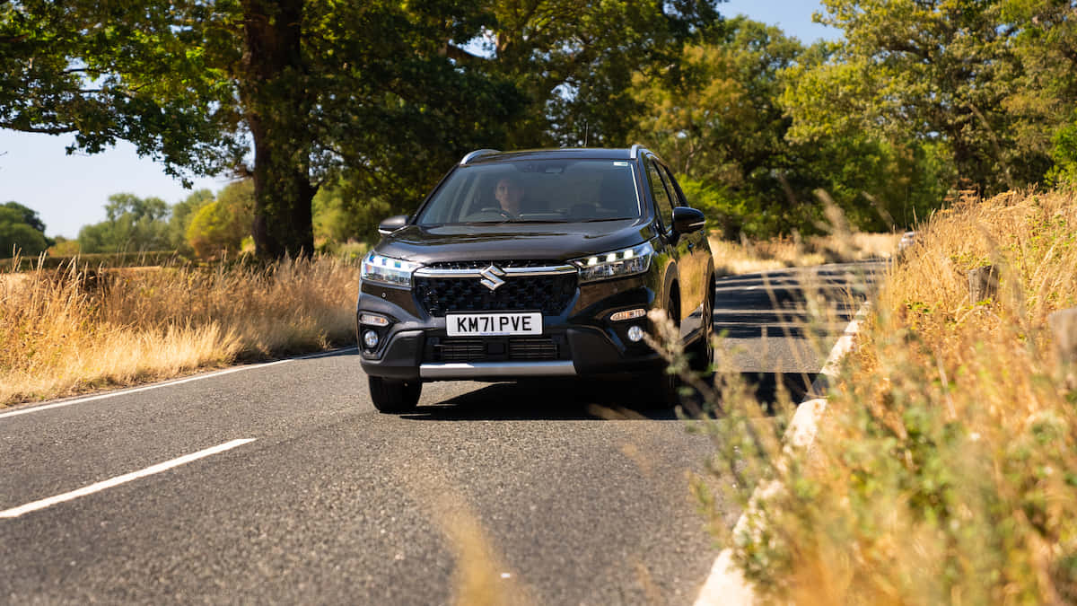 Suzuki S-cross Hybrid, black SUV, sunlit country road, SD Desktop Wallpaper