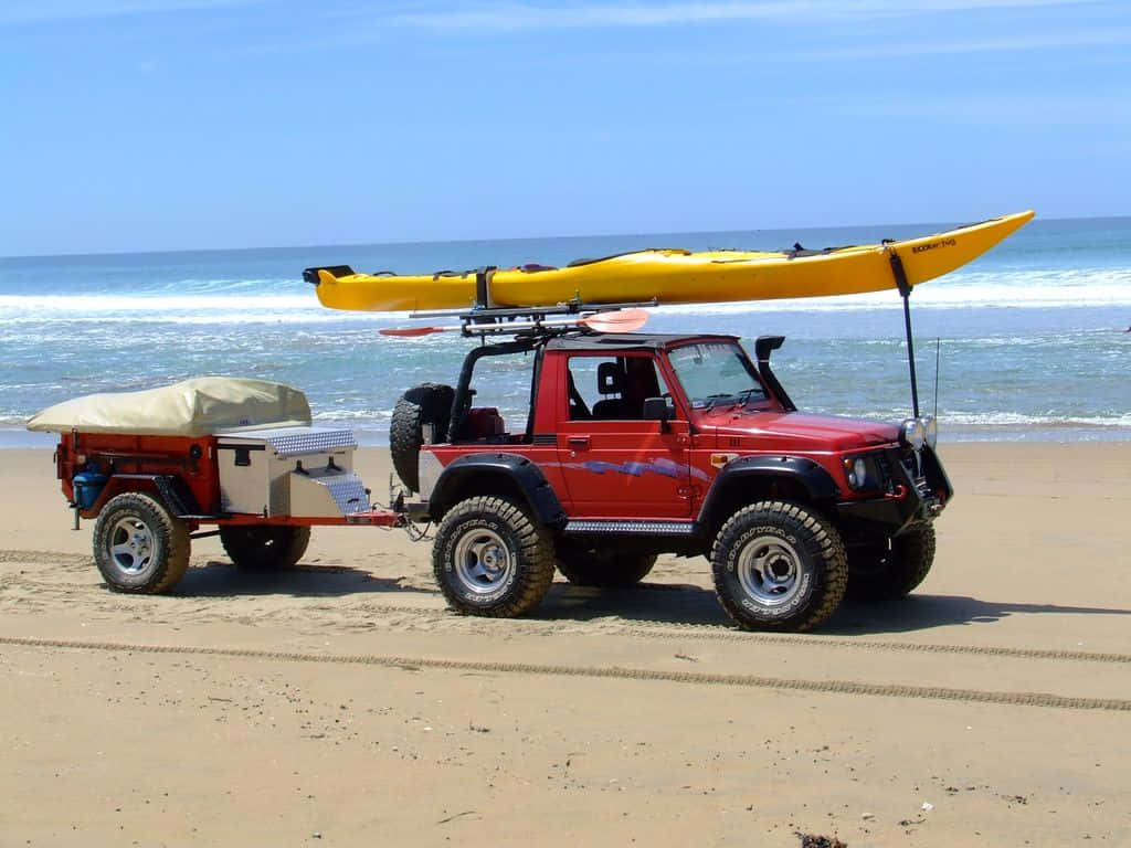 Suzuki Samurai, red off-road vehicle, yellow kayak, SD Desktop Wallpaper