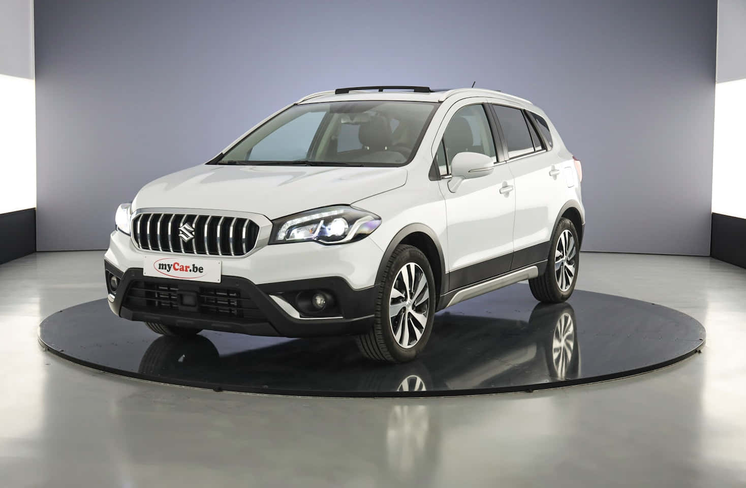 Suzuki SX4, pristine white, circular platform, HD Desktop Wallpaper
