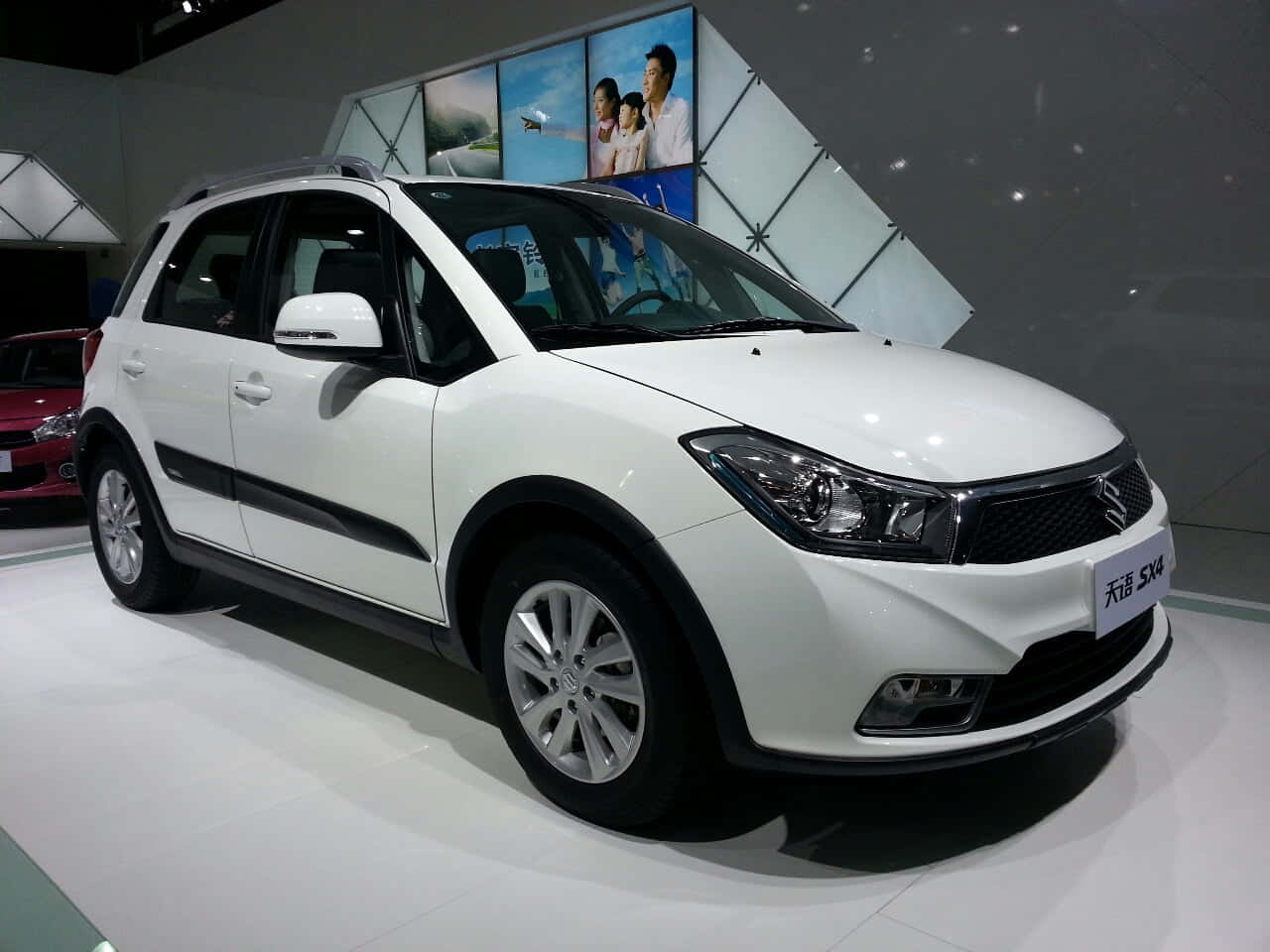 Suzuki SX4, pristine white, showroom lights, HD Desktop Wallpaper
