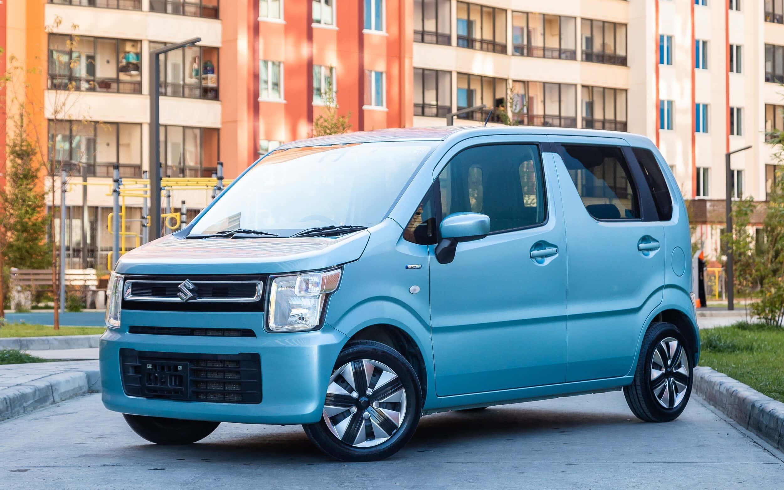 Suzuki Wagon R, light blue, paved street, Full HD Desktop Wallpaper
