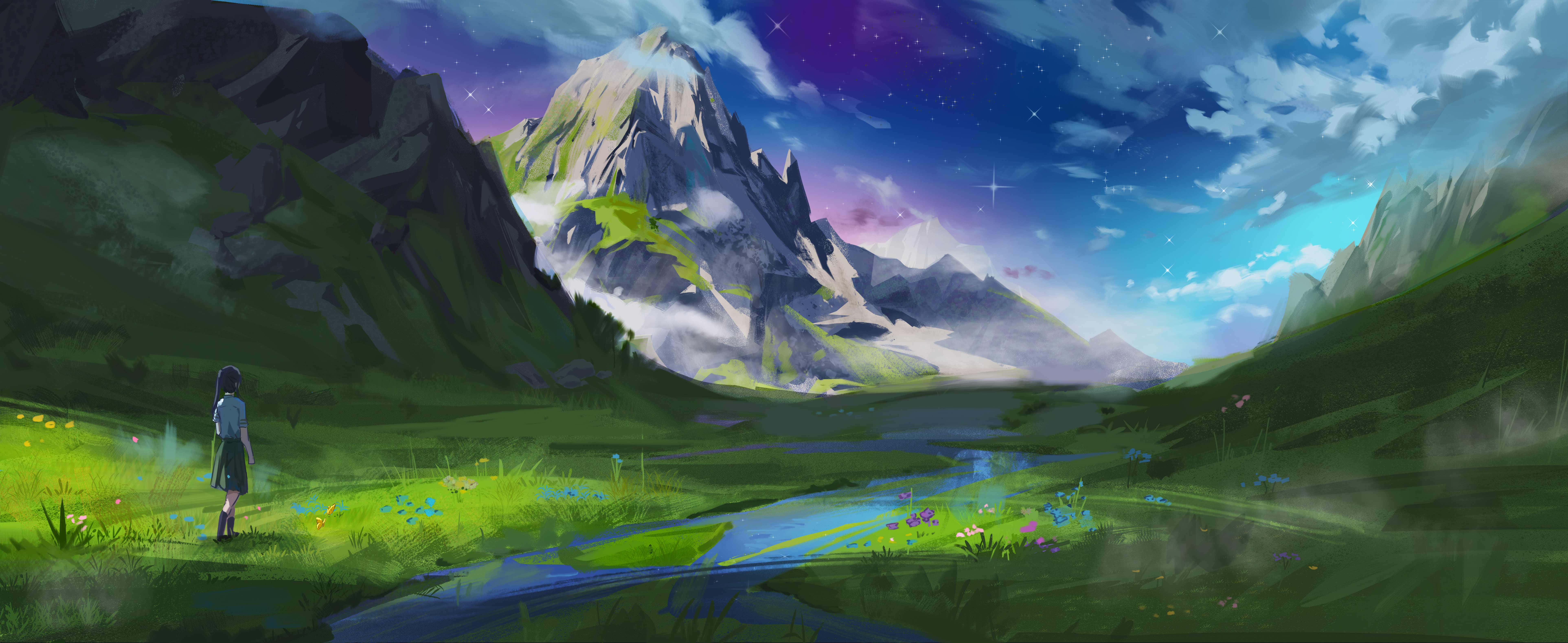 Suzume No Tojimari, vibrant green valley, starry twilight sky, 8K Desktop Wallpaper