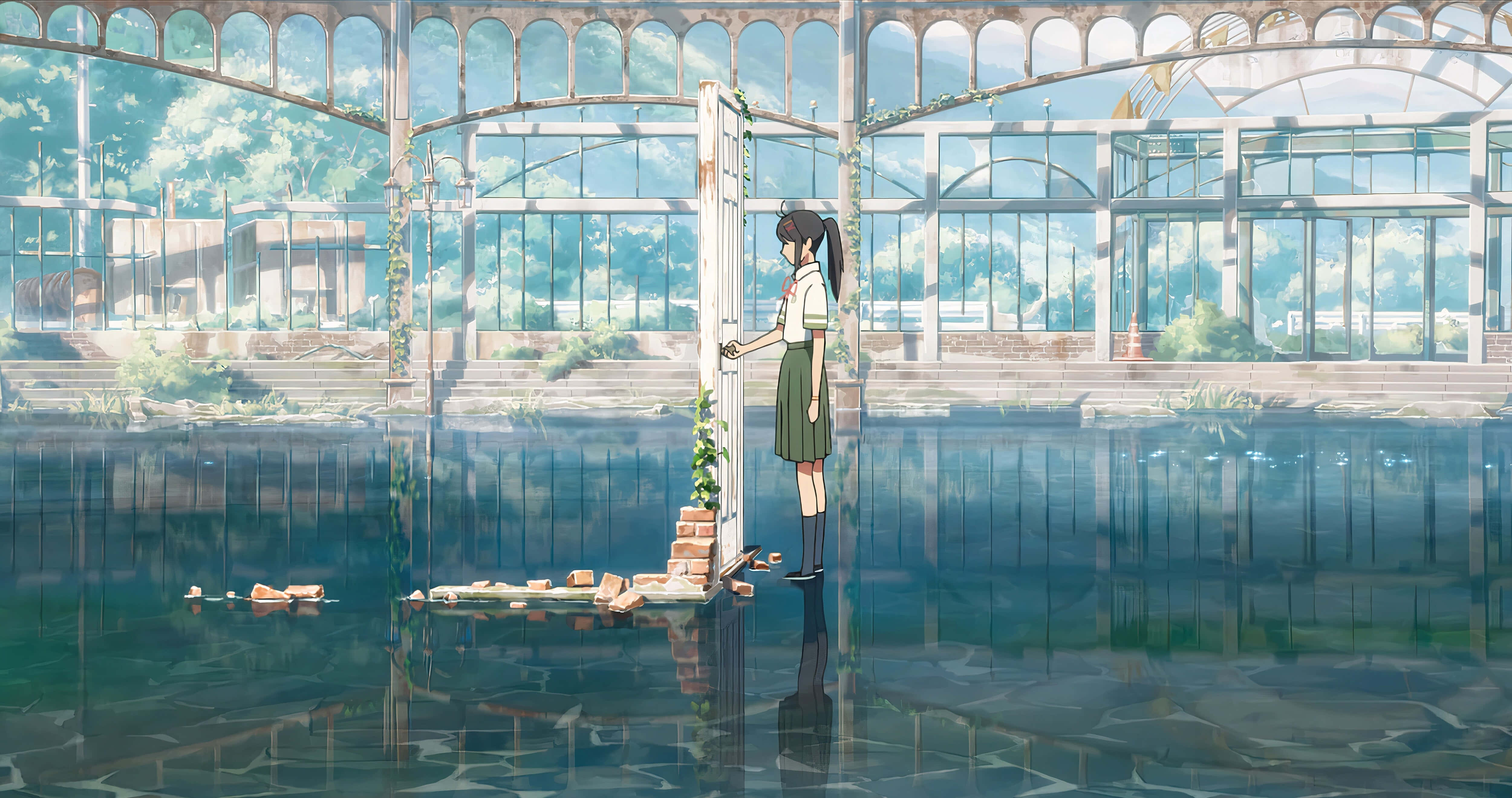 Suzume No Tojimari, doorway, flooded greenhouse, 4K Desktop Wallpaper