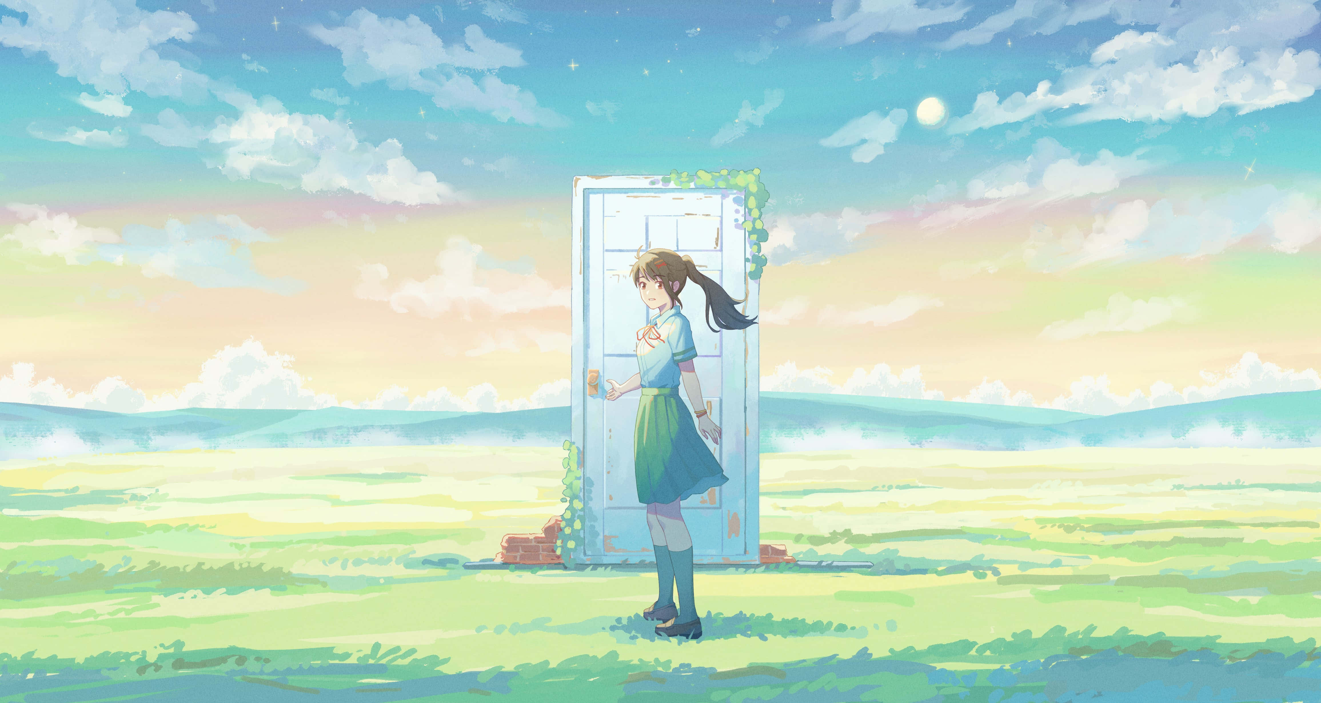 Suzume No Tojimari, doorway, meadow, 4K Desktop Wallpaper