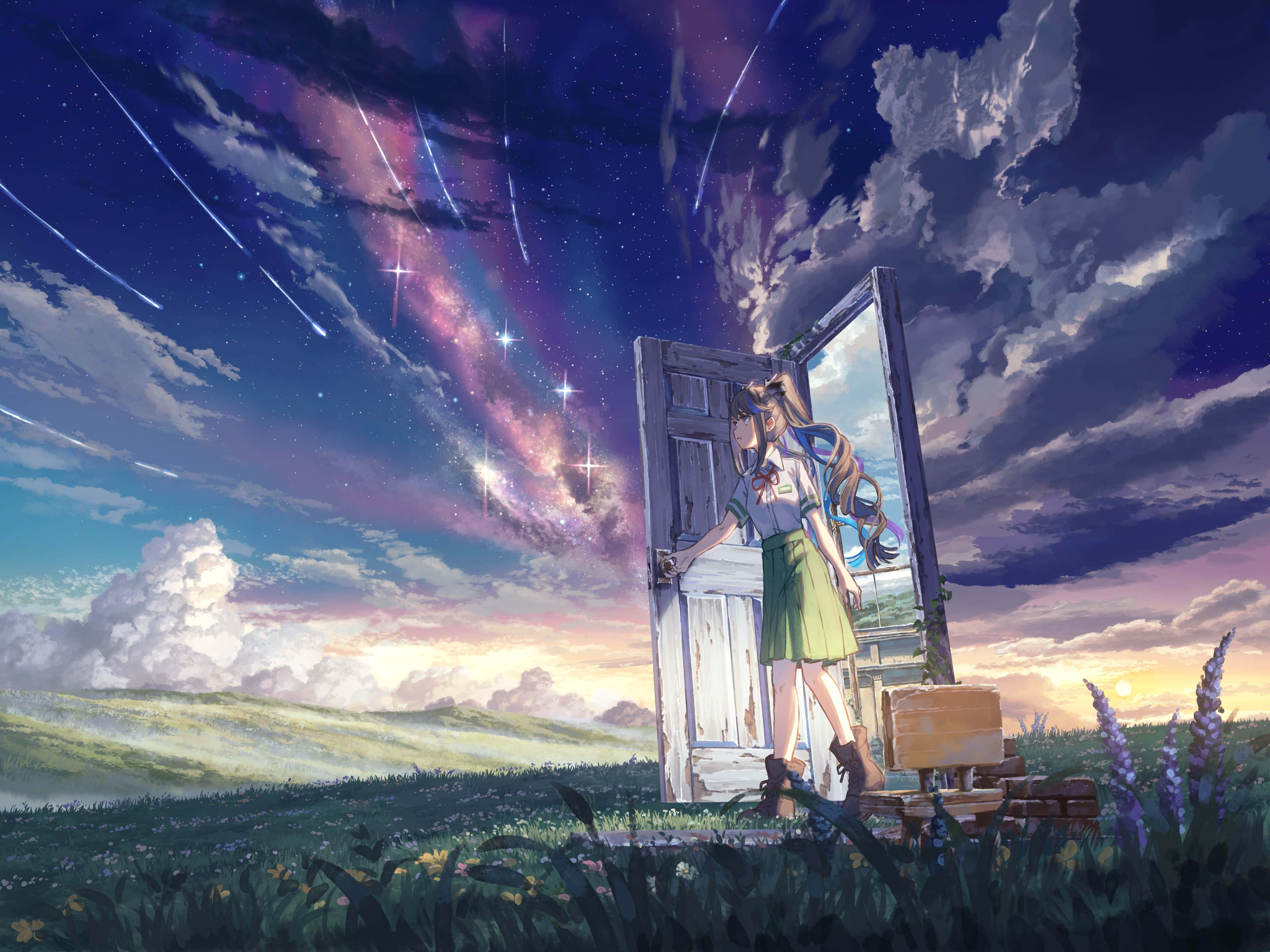 Suzume No Tojimari, doorway, starry cosmic sky, 4K Desktop Wallpaper