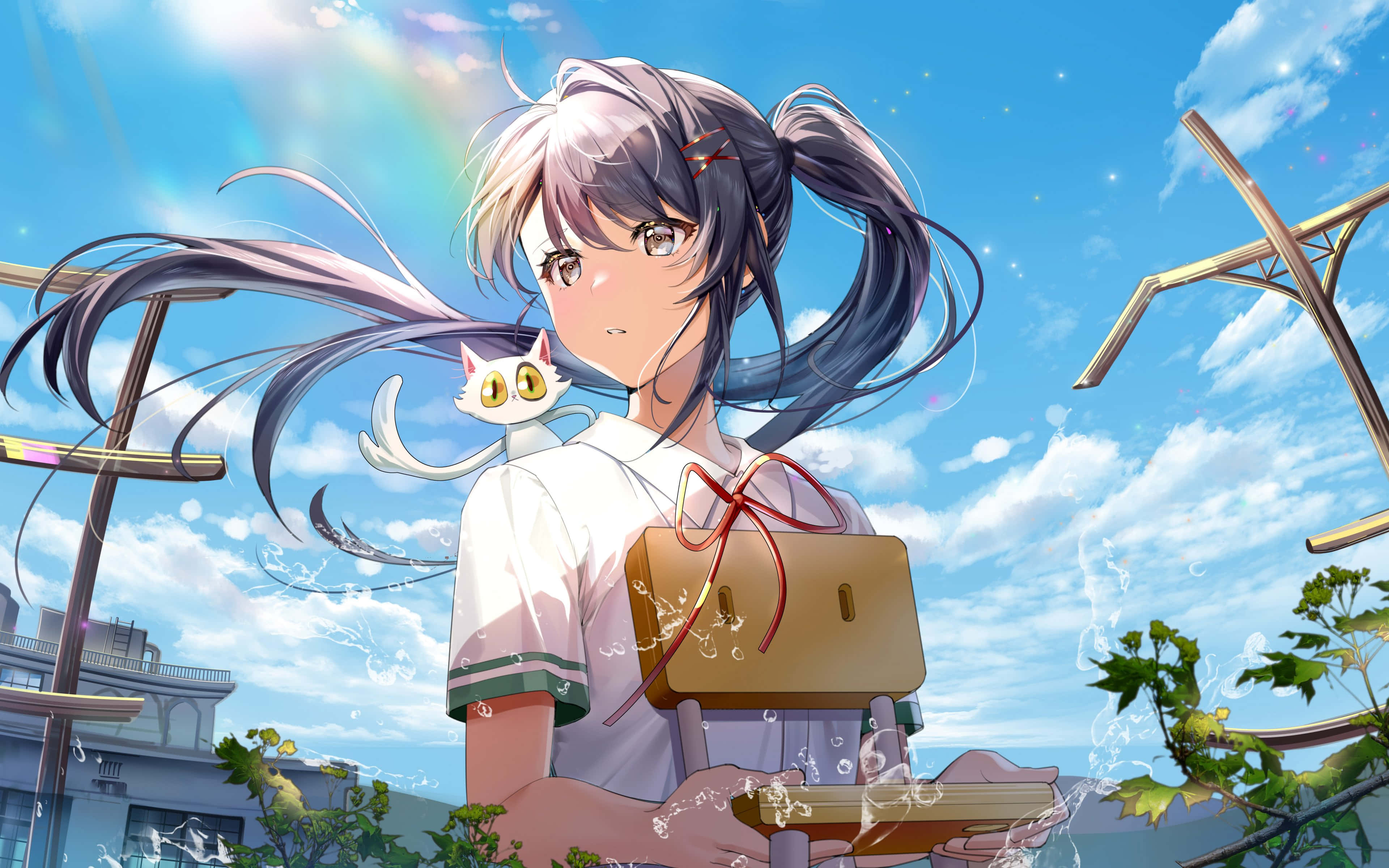 Suzume No Tojimari, silver hair, white cat, 4K Desktop Wallpaper