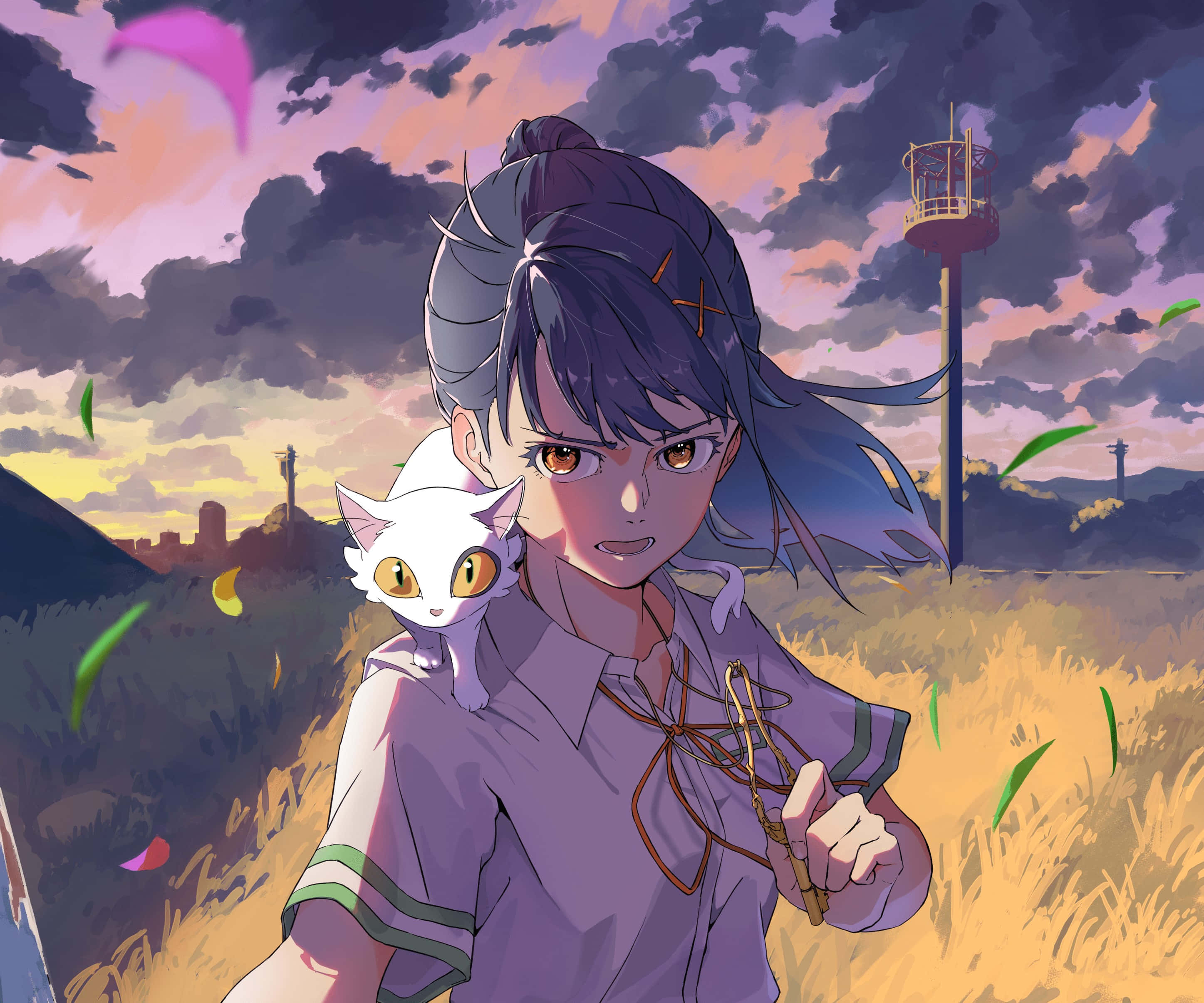 Suzume No Tojimari, anime girl, white cat, 2K Desktop Wallpaper