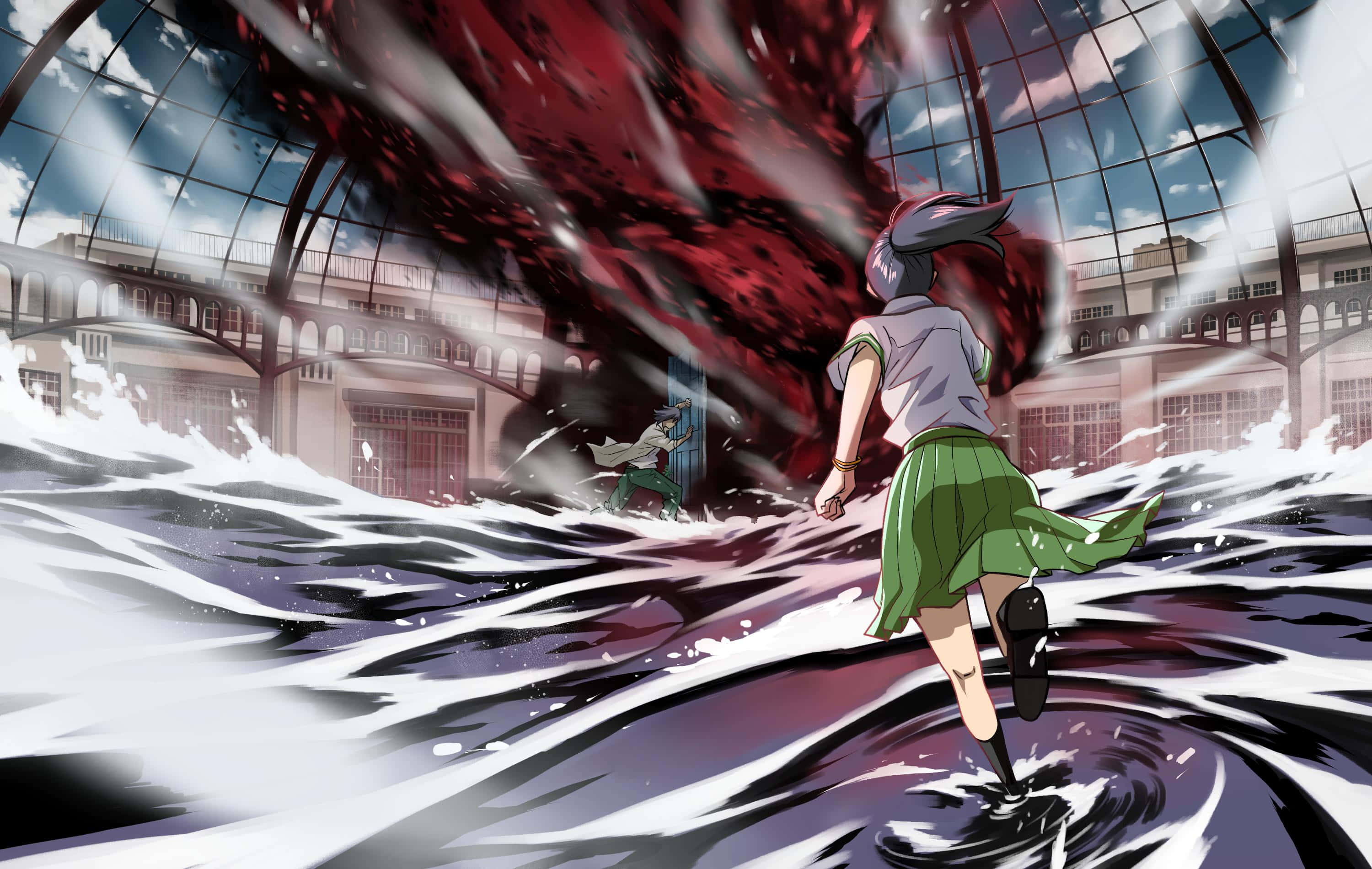 Suzume No Tojimari, green skirt, swirling water, 2K Desktop Wallpaper