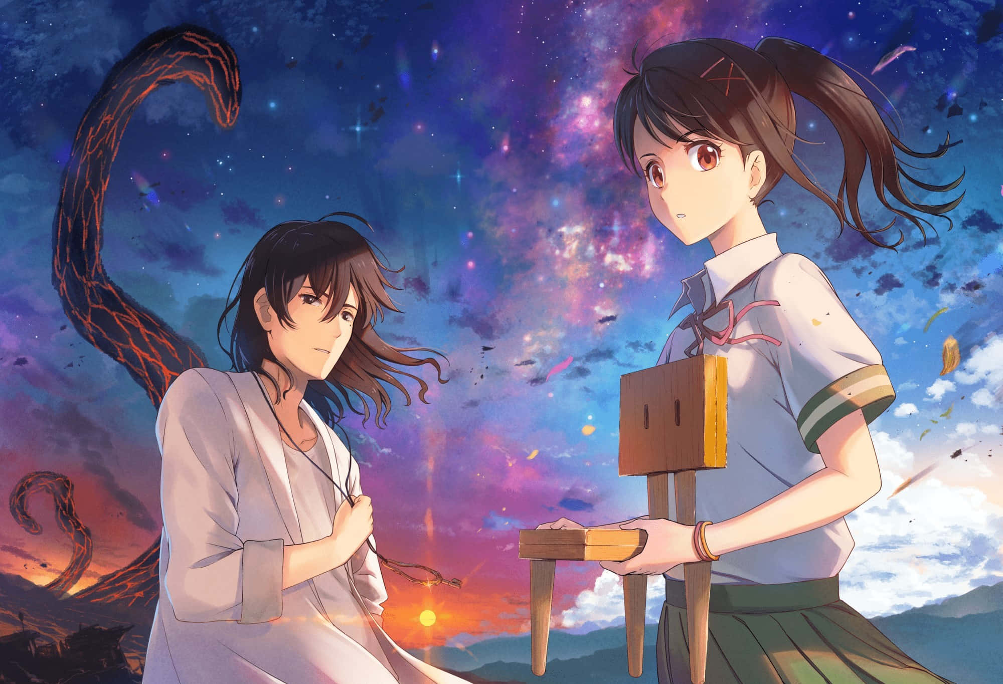 Suzume No Tojimari, characters, sunset, Full HD Desktop Wallpaper