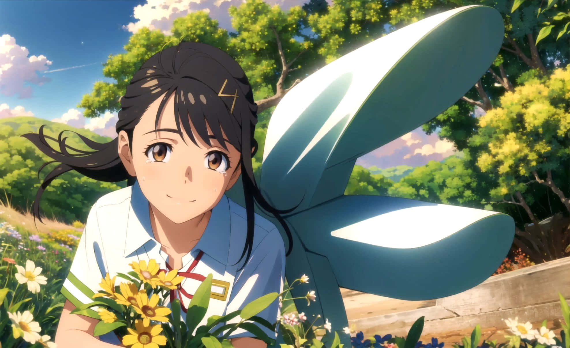 Suzume, flowers, windmill door, Full HD Desktop Wallpaper