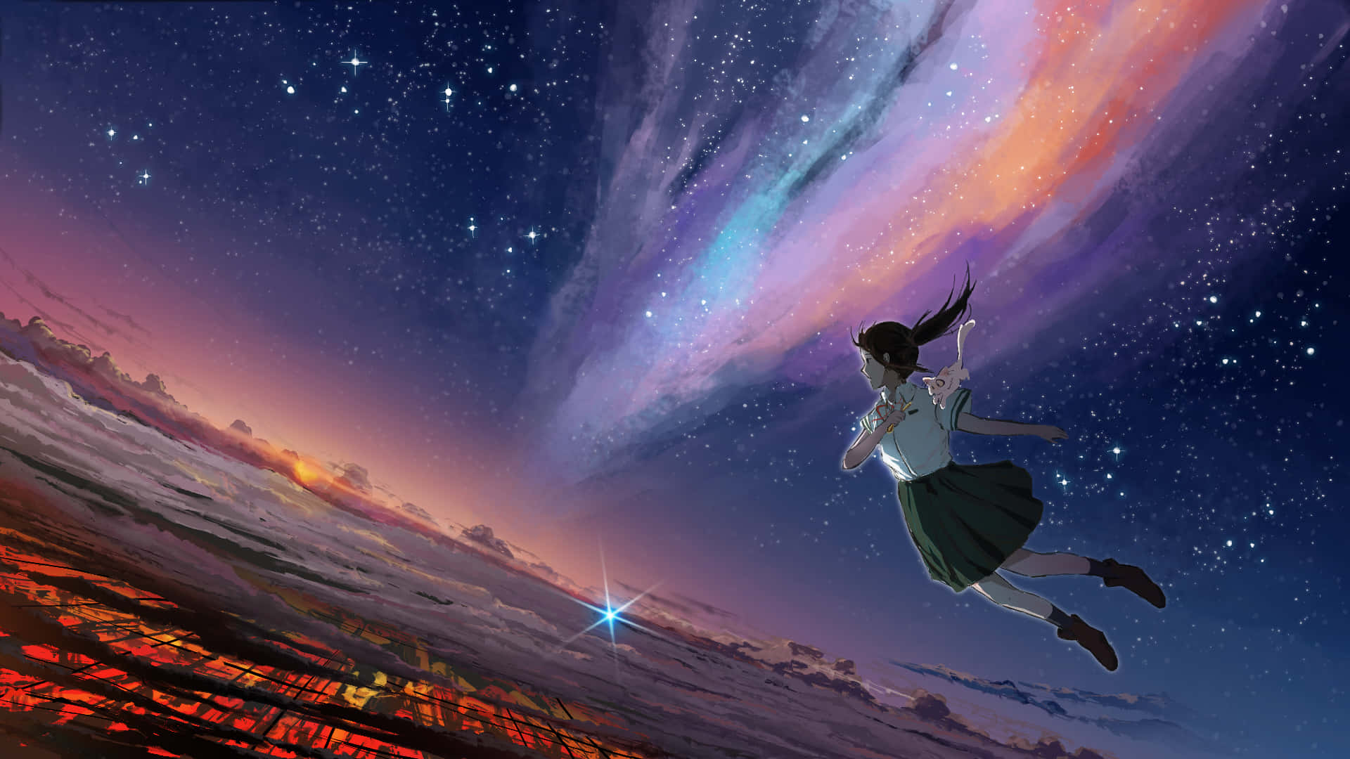 Suzume No Tojimari, school uniform, glowing city, Full HD Desktop Wallpaper