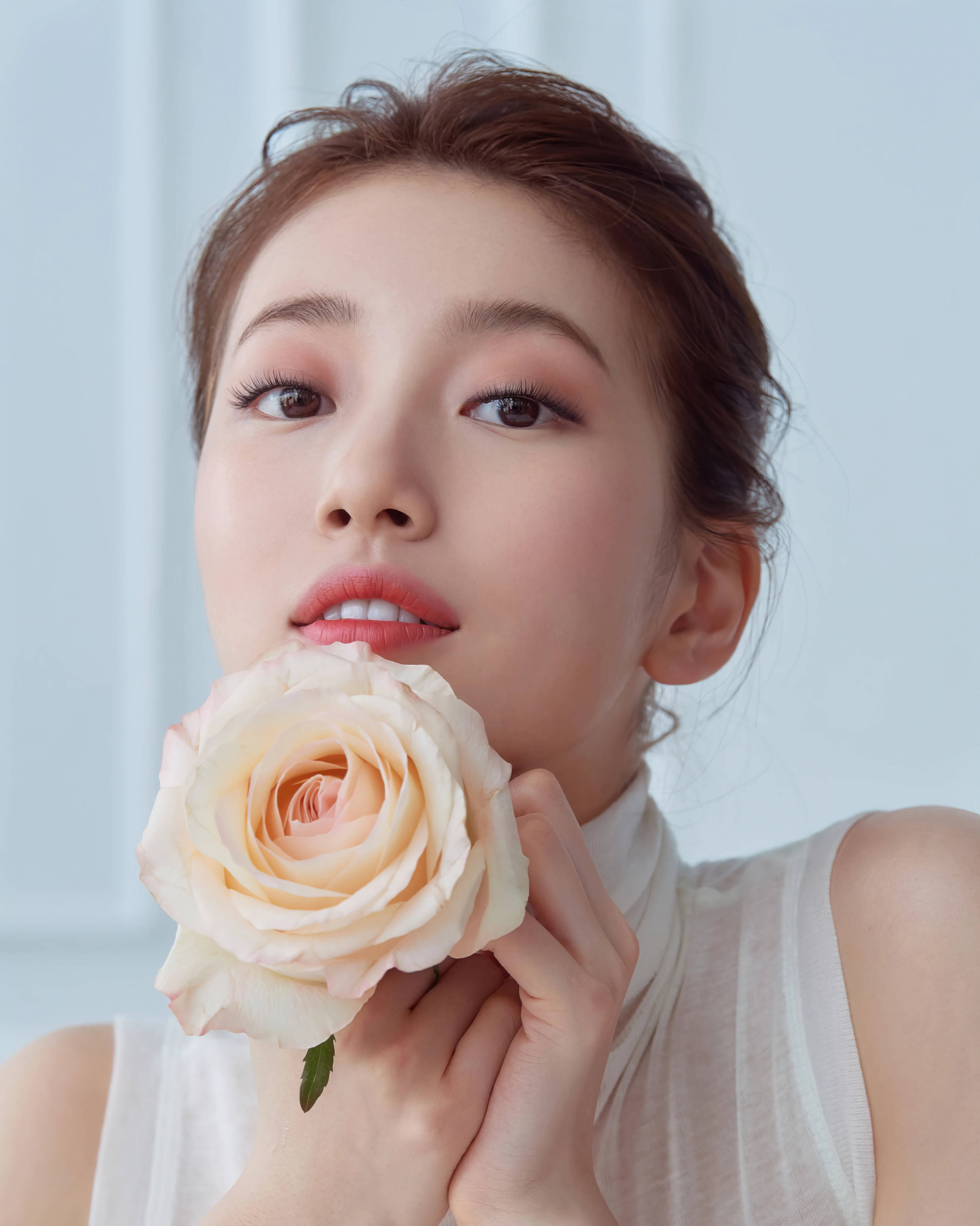 Suzy, peach rose, pale blue background, 4K Phone Wallpaper