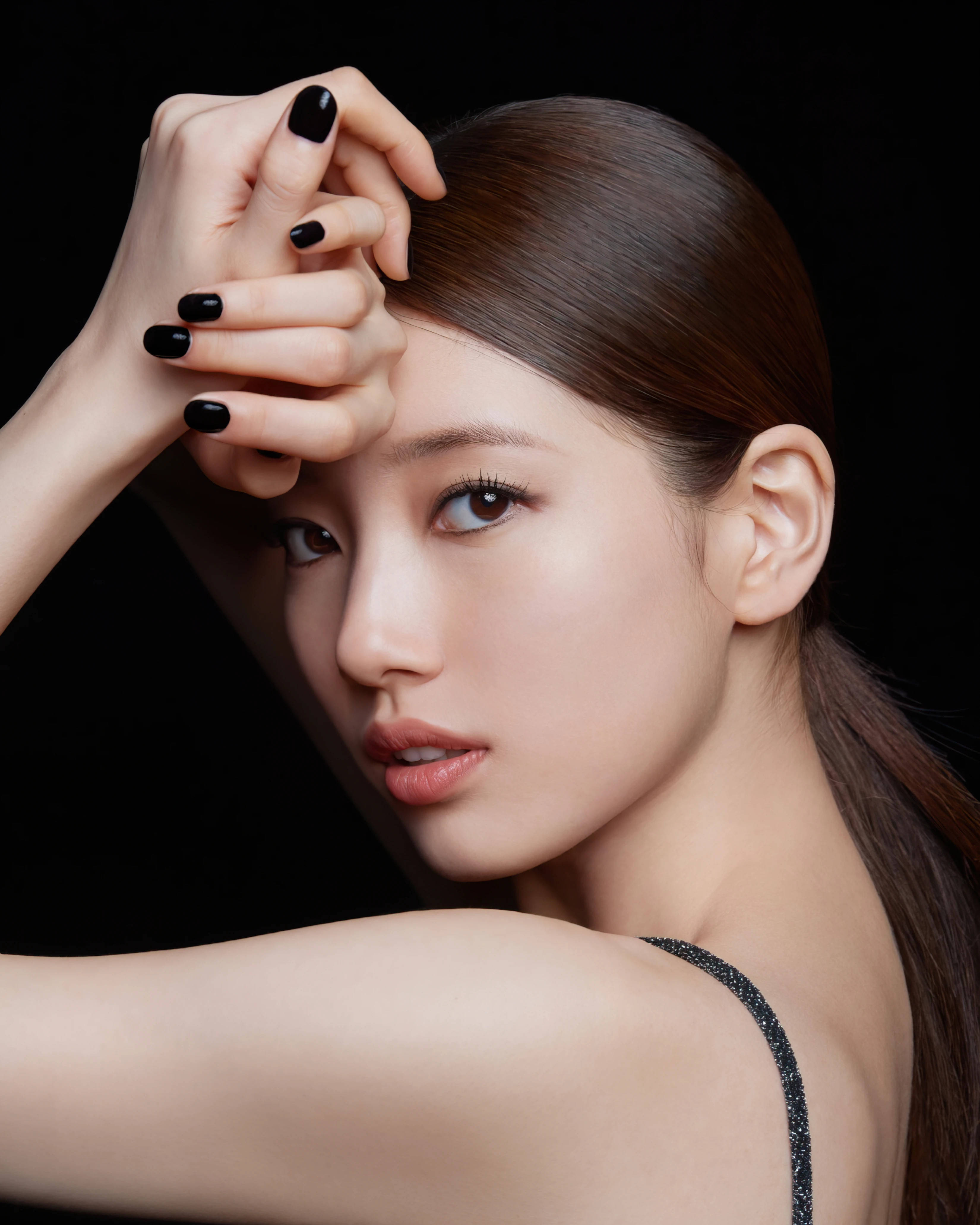 Suzy, glossy black nails, long brown hair, 4K Phone Wallpaper