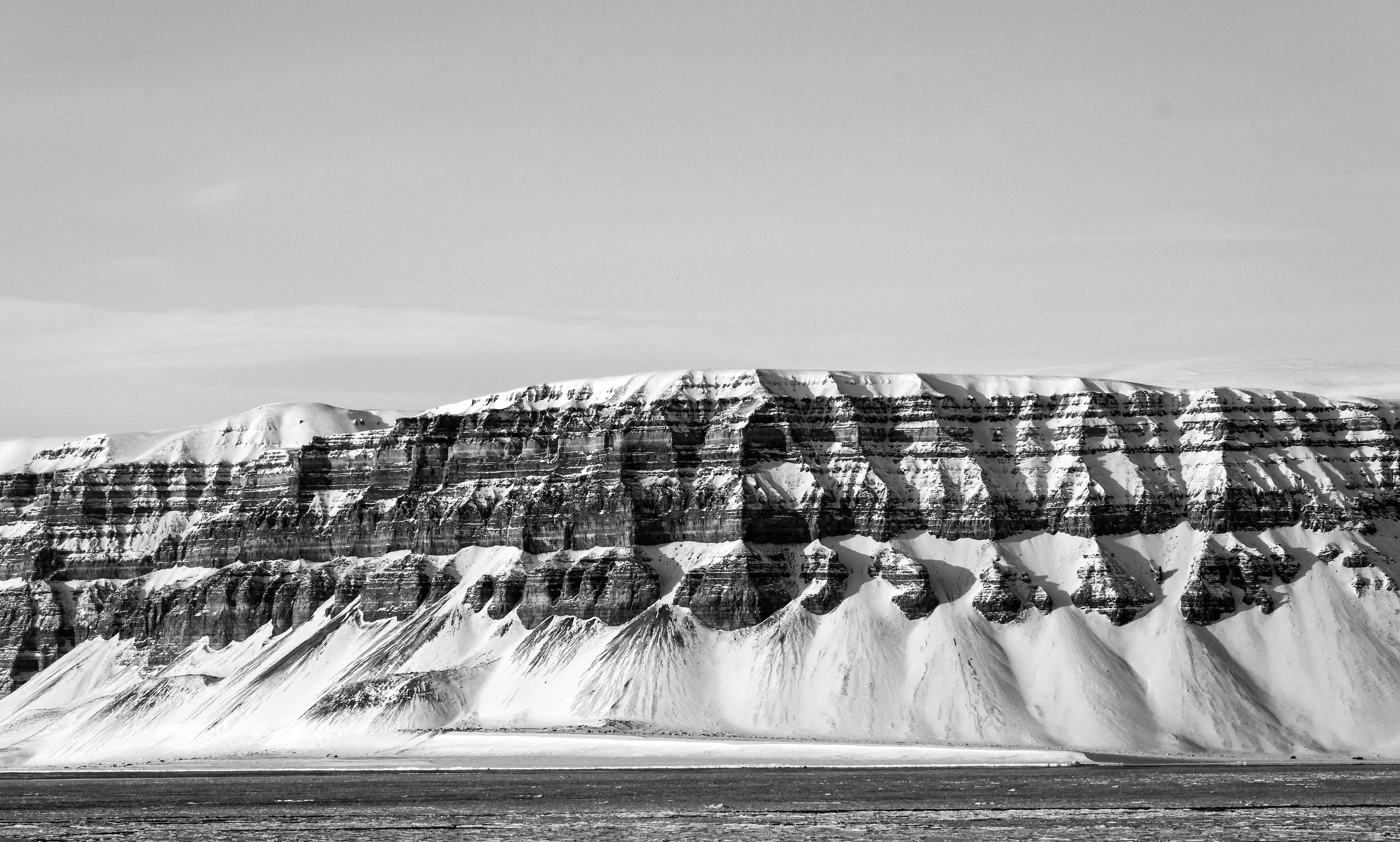 Svalbard, black and white, frozen mountains, 5K Desktop Wallpaper