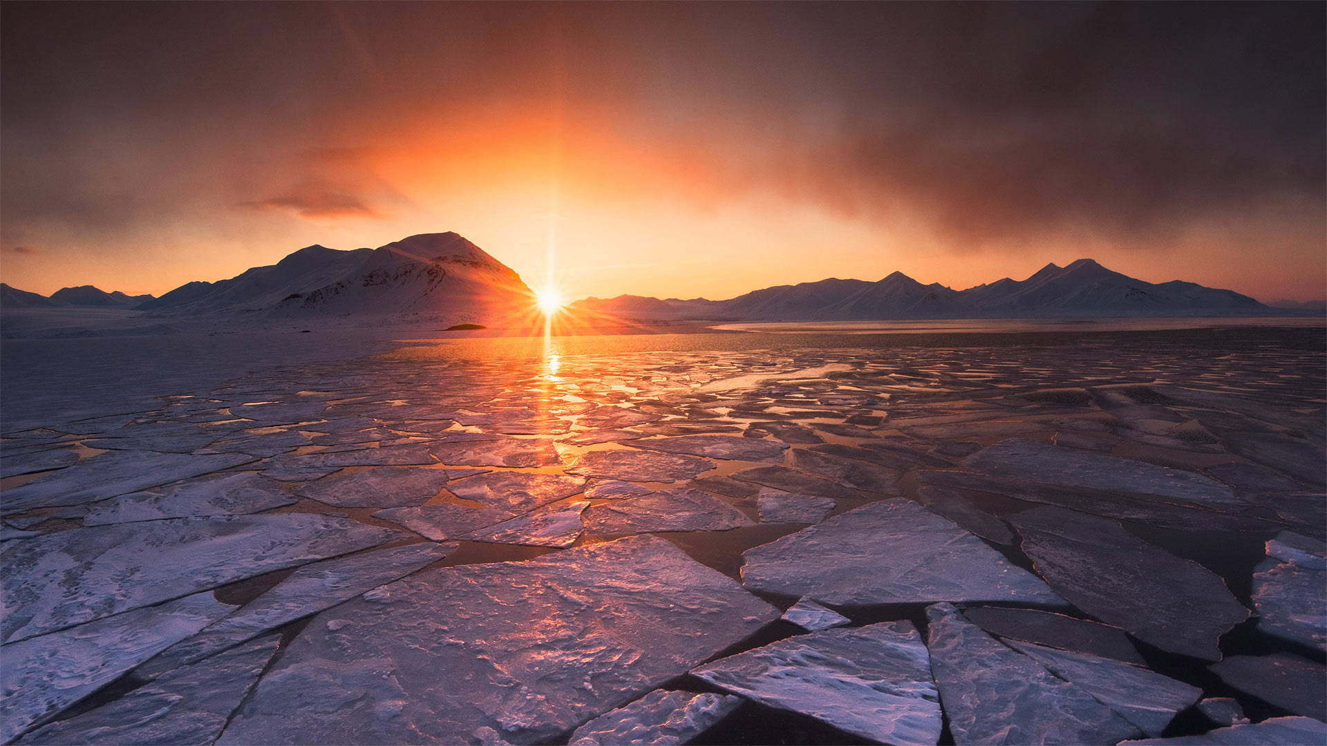 Svalbard, sunset, frozen lake, Full HD Desktop Wallpaper