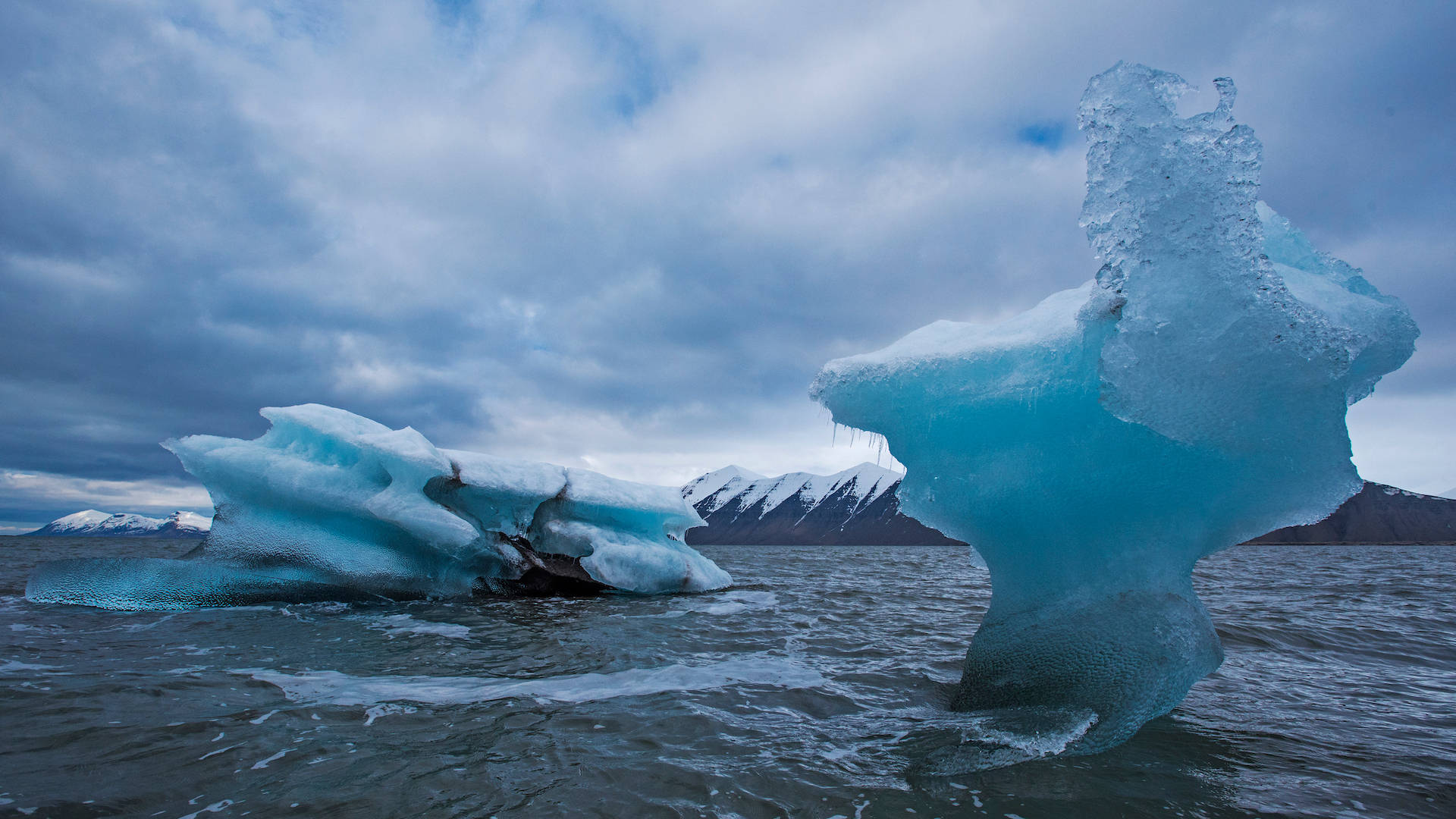 Svalbard, turquoise icebergs, choppy waters, Full HD Desktop Wallpaper