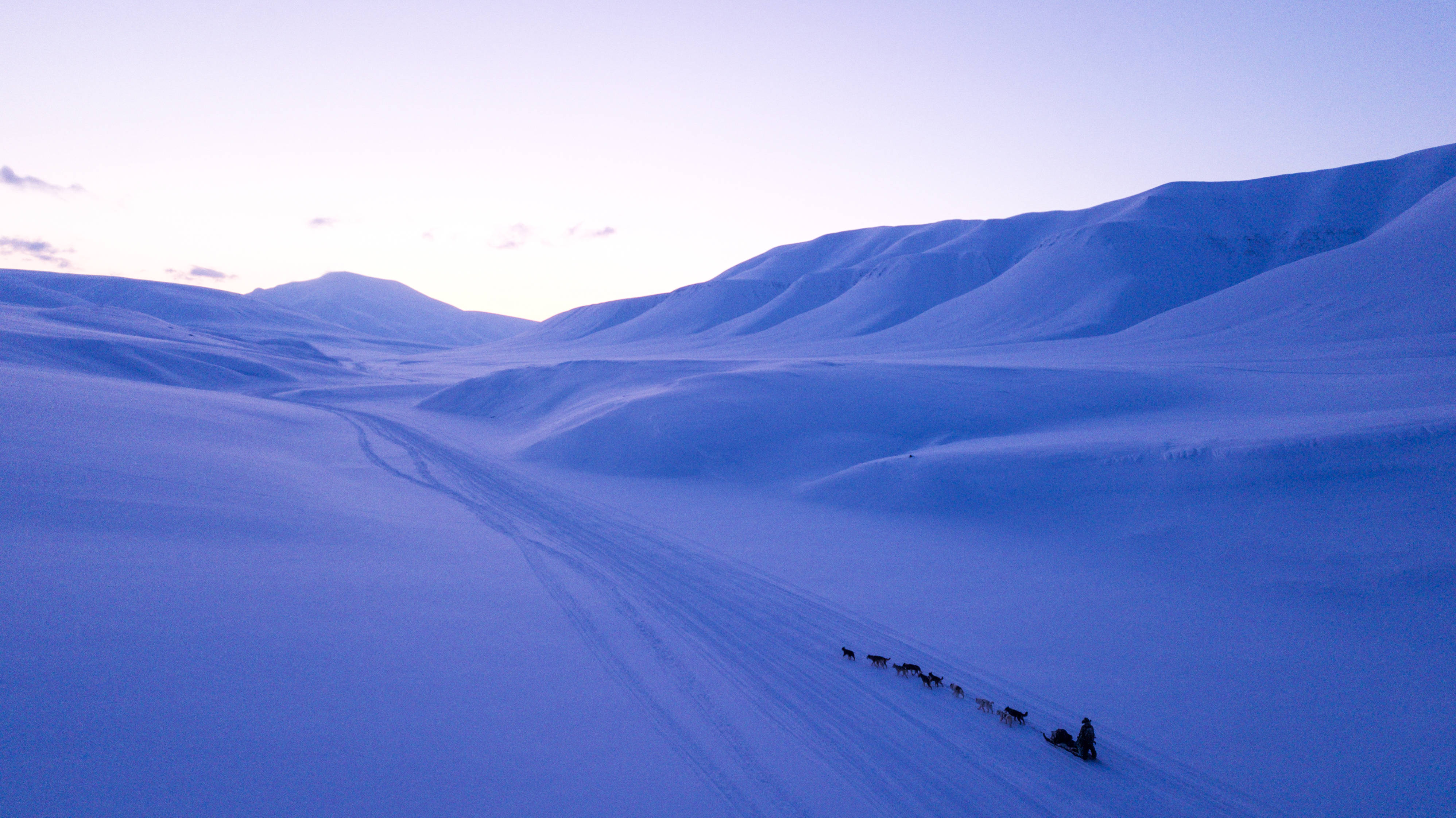 Svalbard, purple sky, glaciers, 4K Desktop Wallpaper