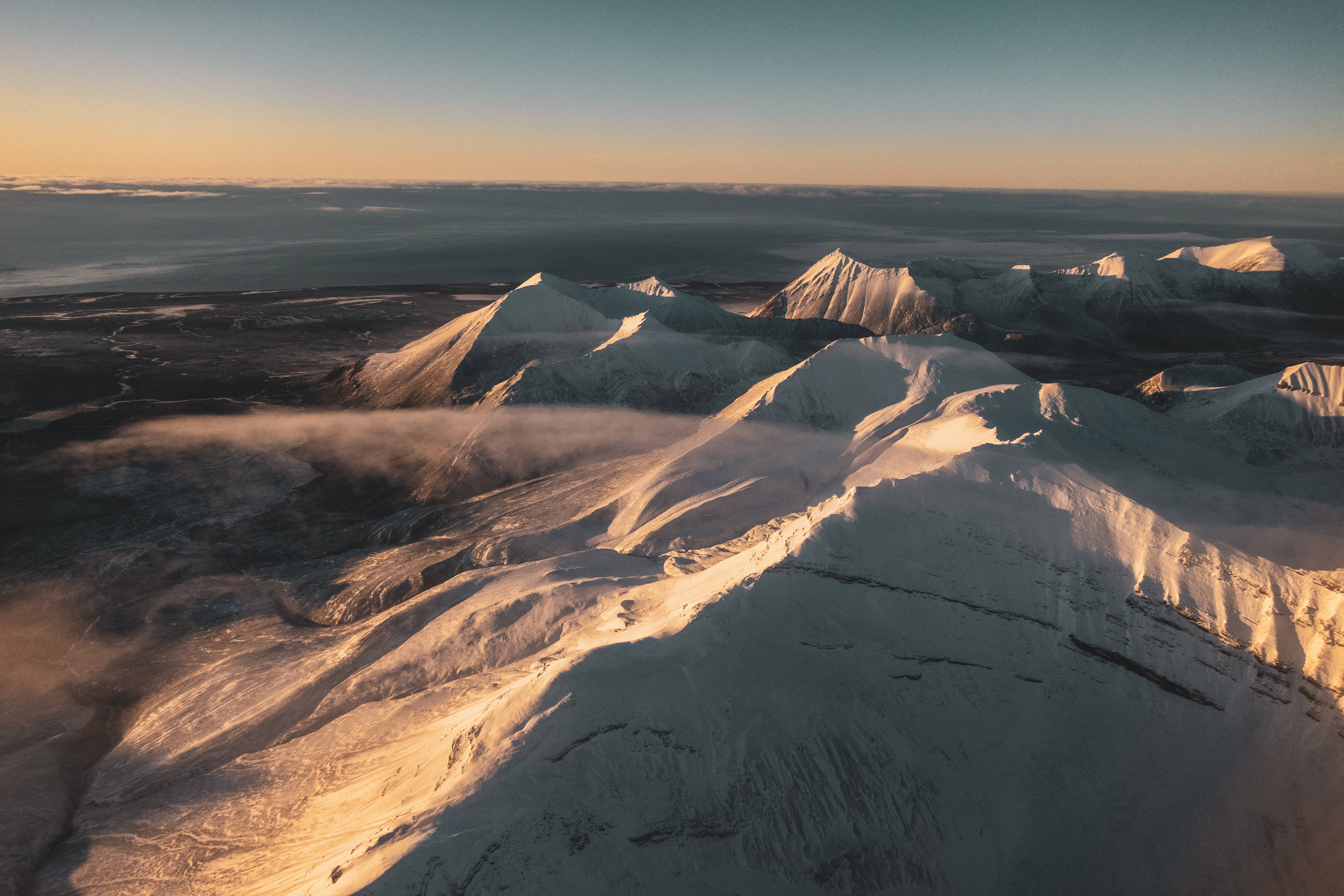 Svalbard, foggy glaciers, snowcapped mountain peaks, 5K Desktop Wallpaper