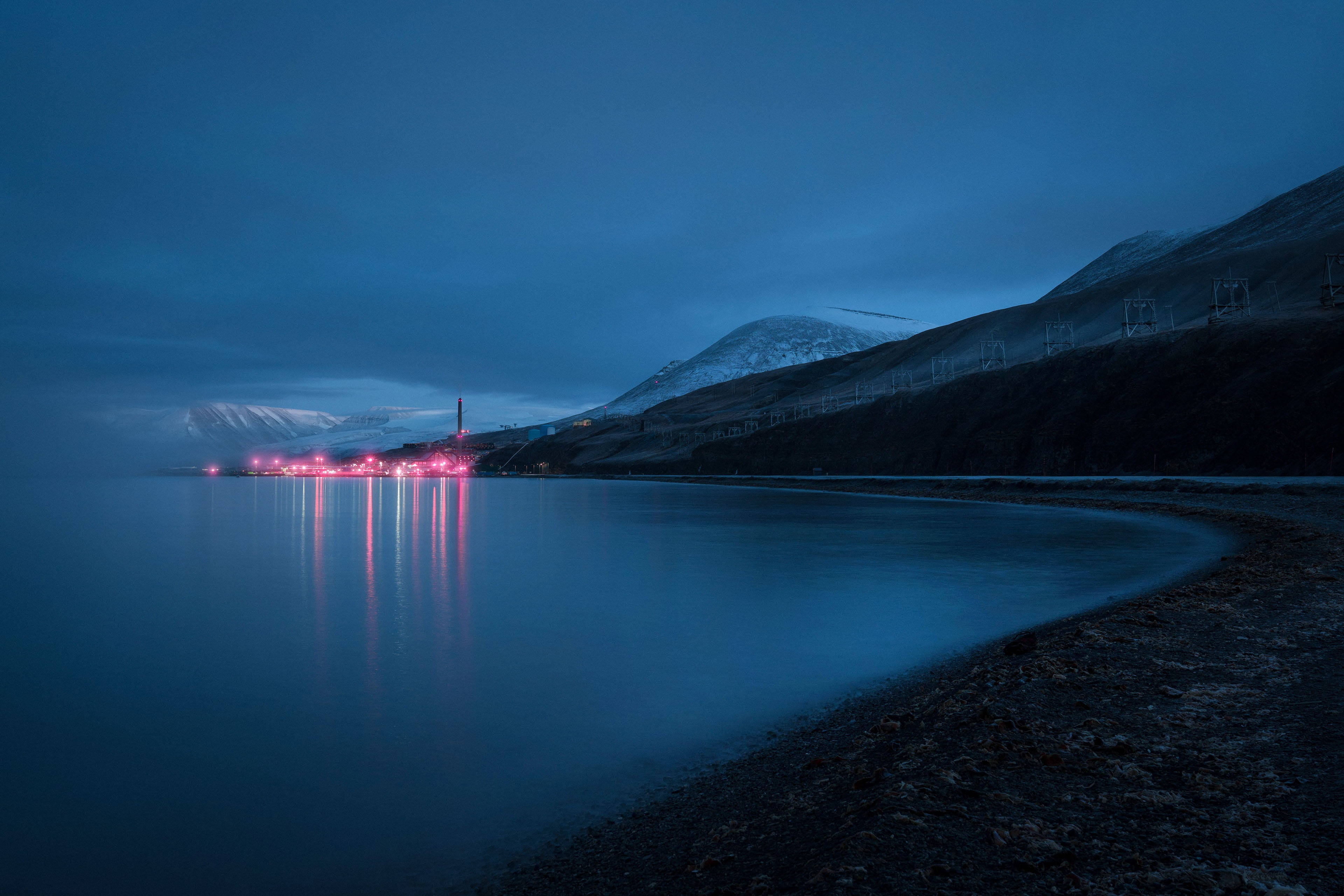 Svalbard, dark blue, shoreline, 4K Desktop Wallpaper