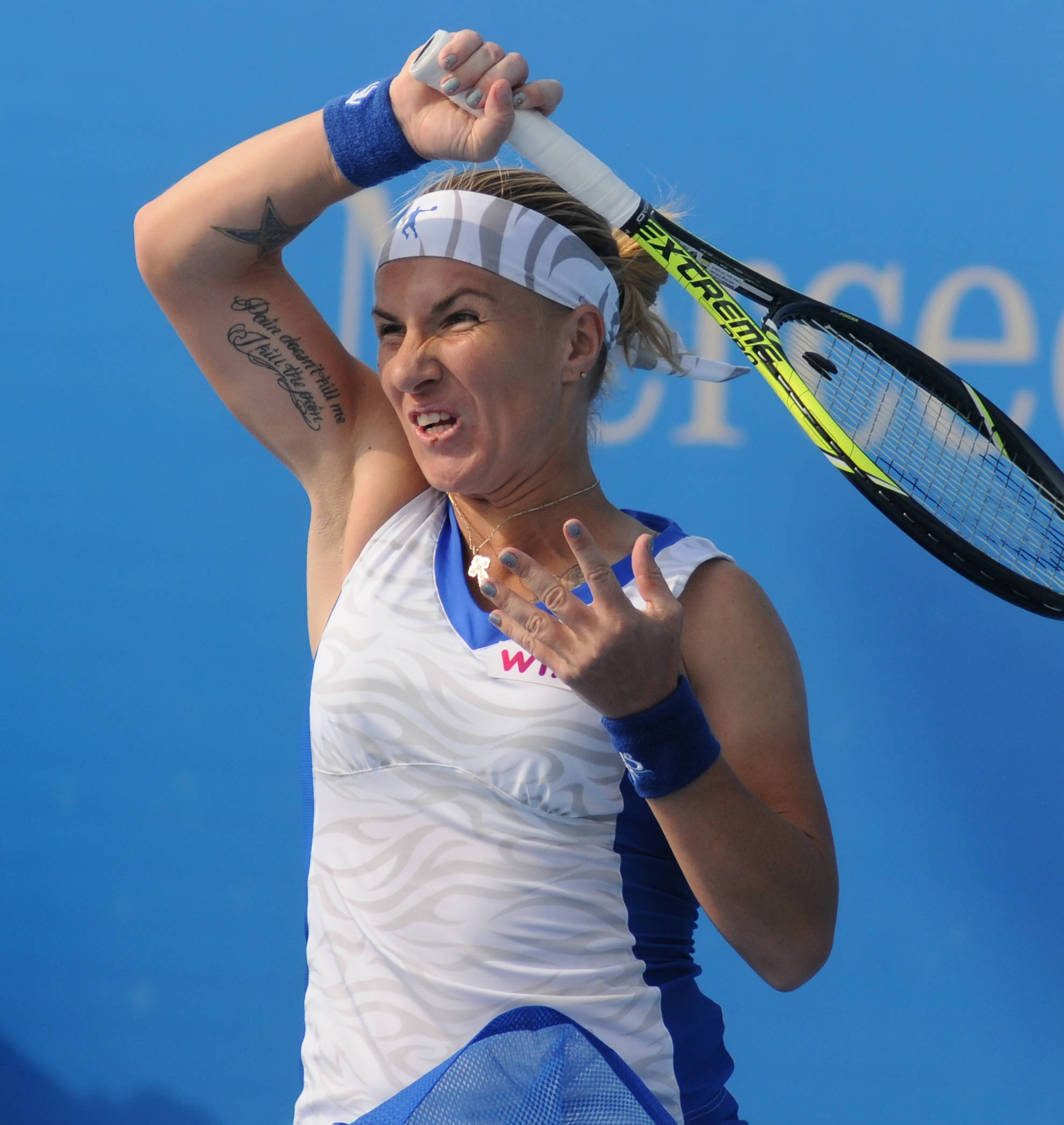 Svetlana Kuznetsova, white and blue gear, racket, Full HD Phone Wallpaper