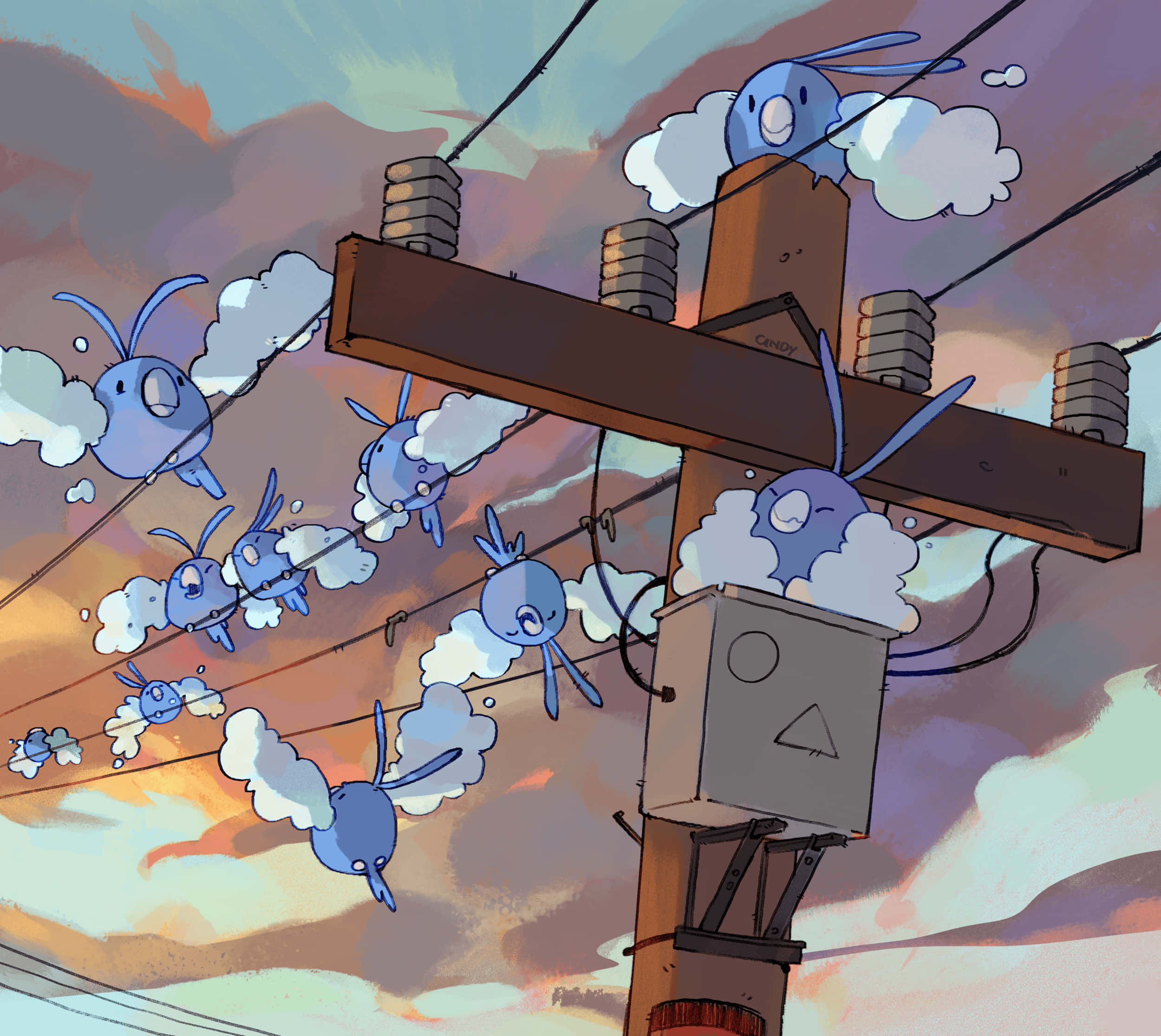 Swablu, power lines, warm sunset sky, Full HD Desktop Wallpaper