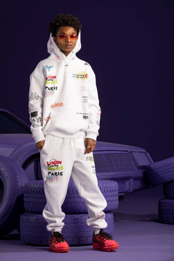 Swae Lee, purple car, white graffiti-covered hoodie, SD Phone Wallpaper