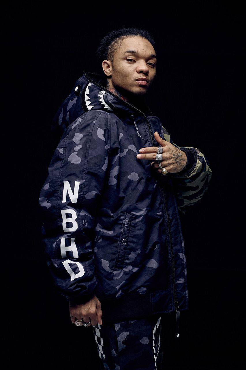 Swae Lee, navy camouflage jacket, shark teeth hood, HD Phone Wallpaper