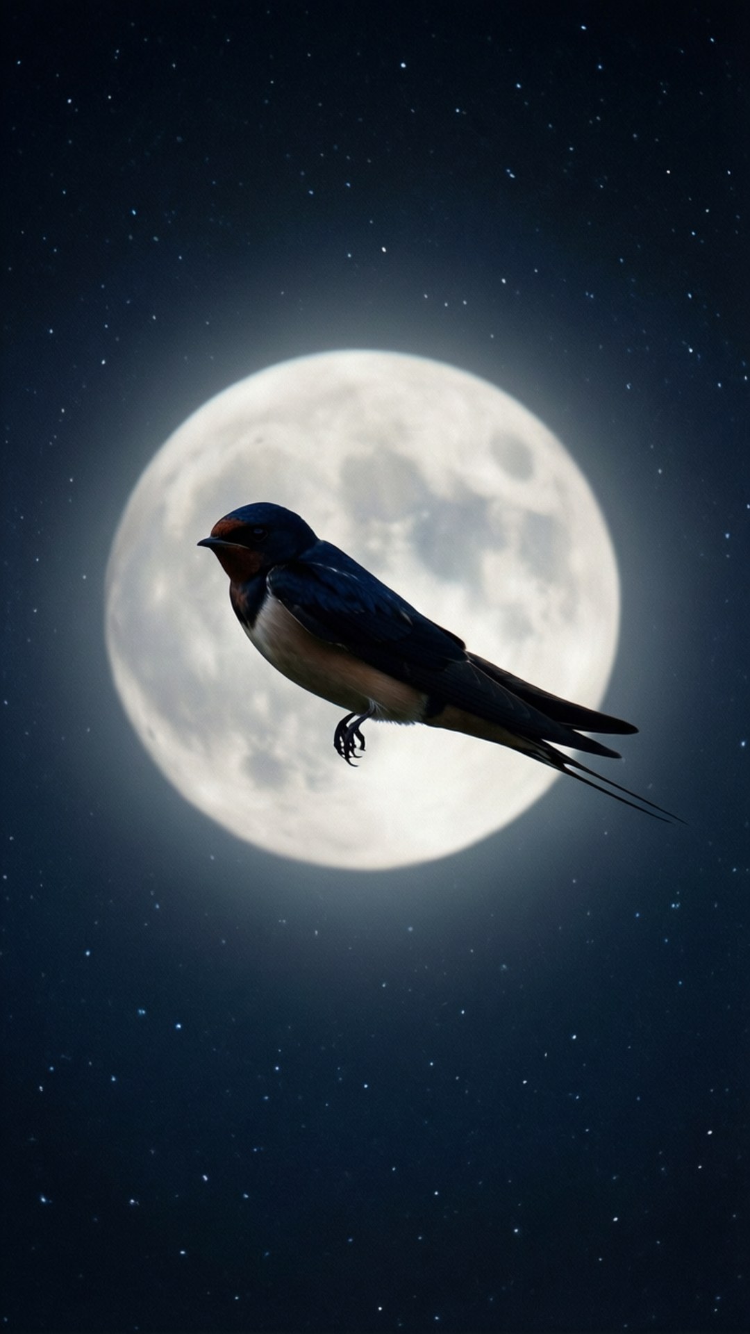 Swallow, full moon, twinkling stars, Full HD Phone Wallpaper