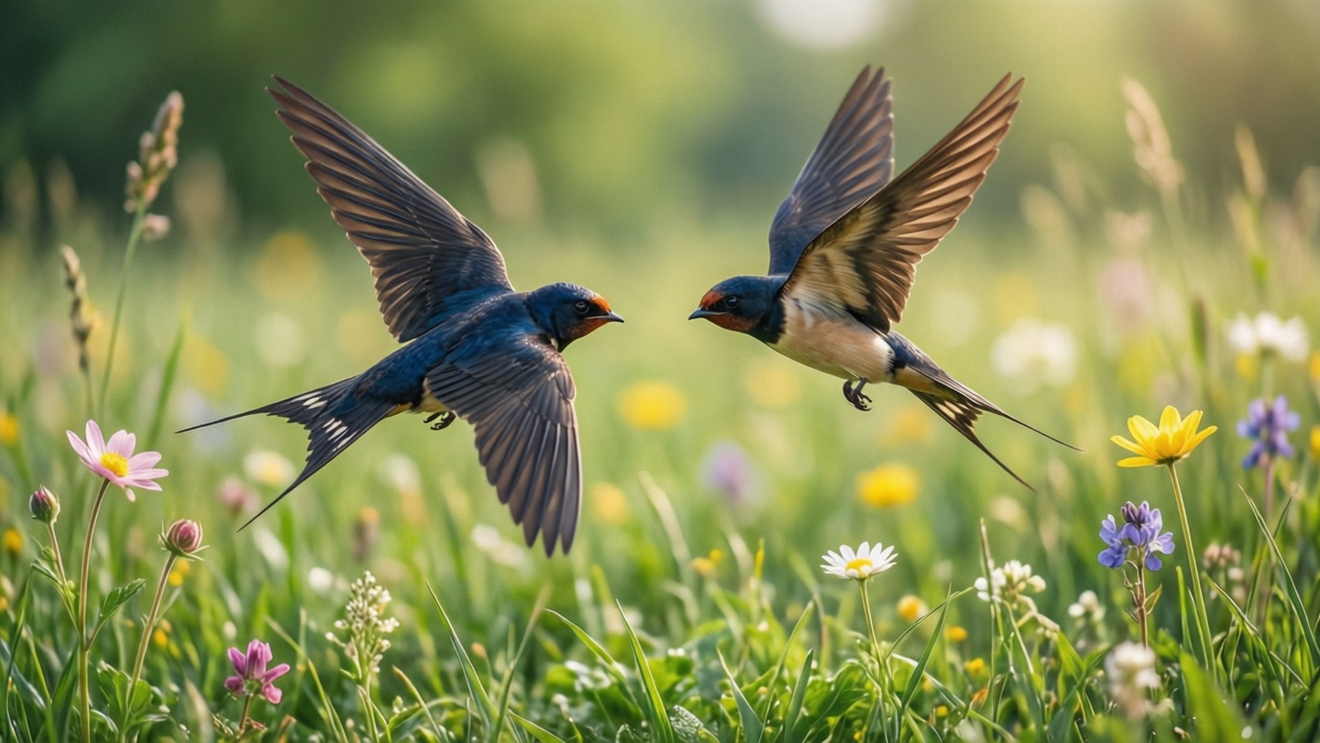 Swallow, pair, meadow, Full HD Desktop Wallpaper