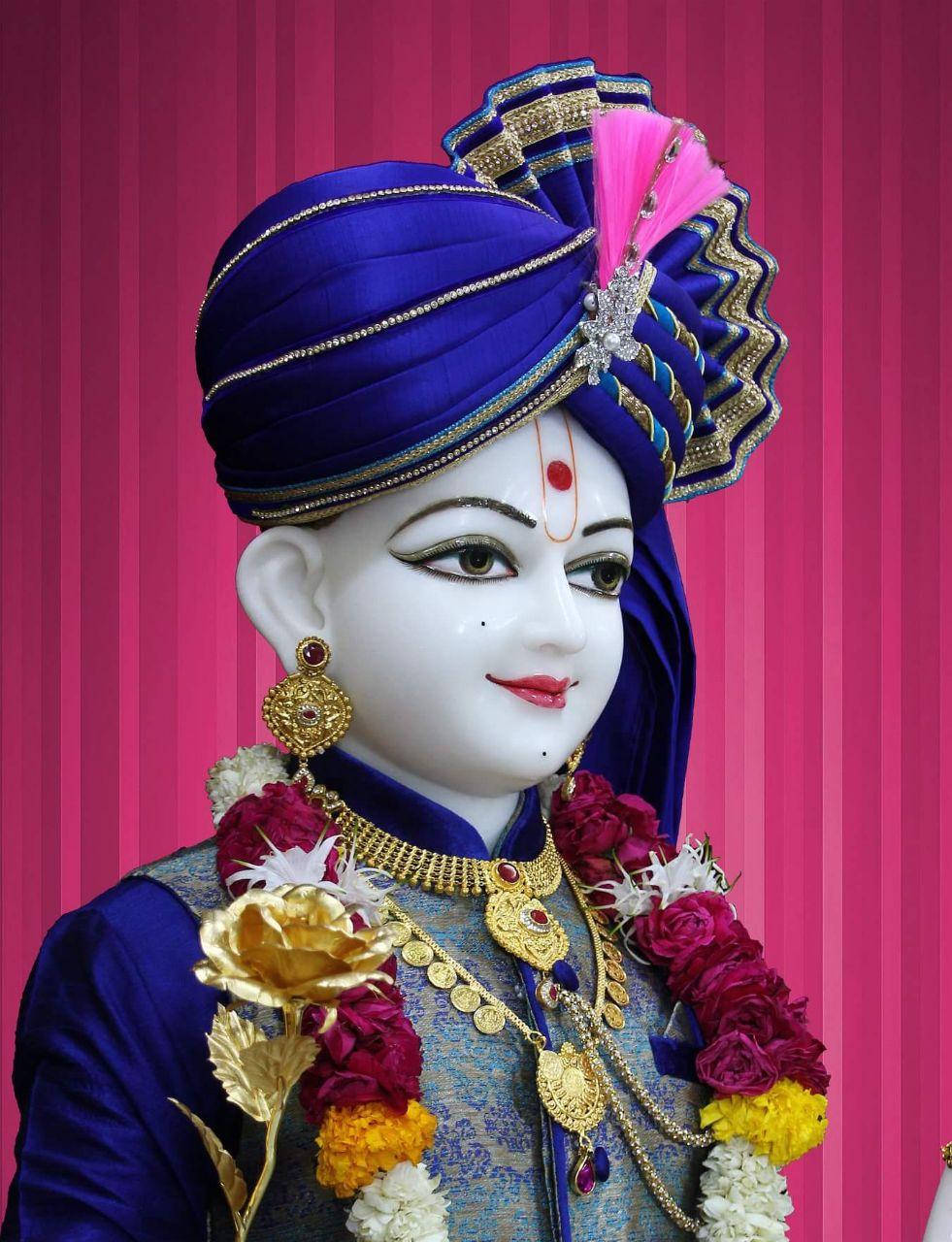 Swaminarayan, pink curtain, royal blue turban, HD Phone Wallpaper