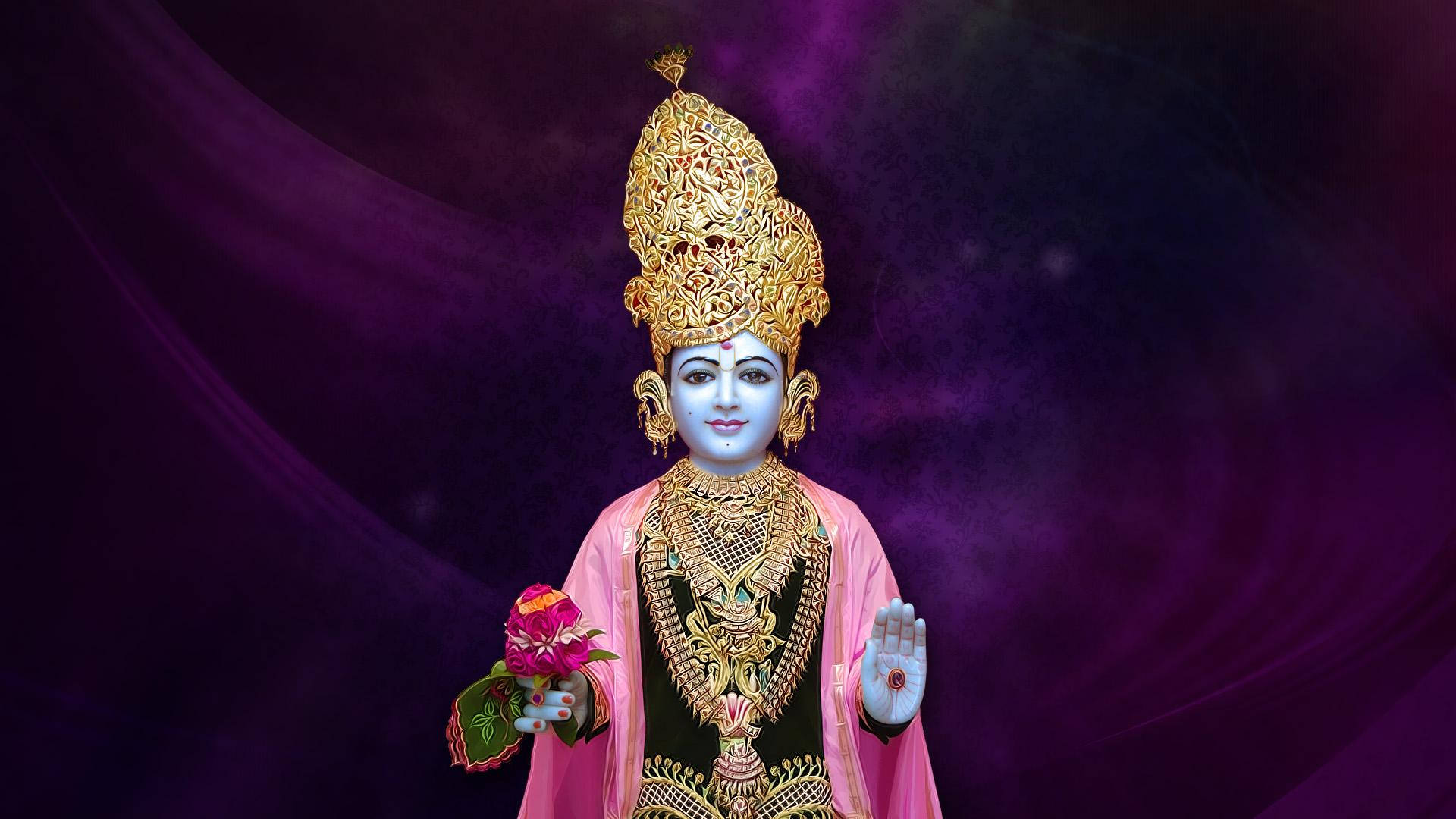 Swaminarayan, blue skin, golden crown, Full HD Desktop Wallpaper