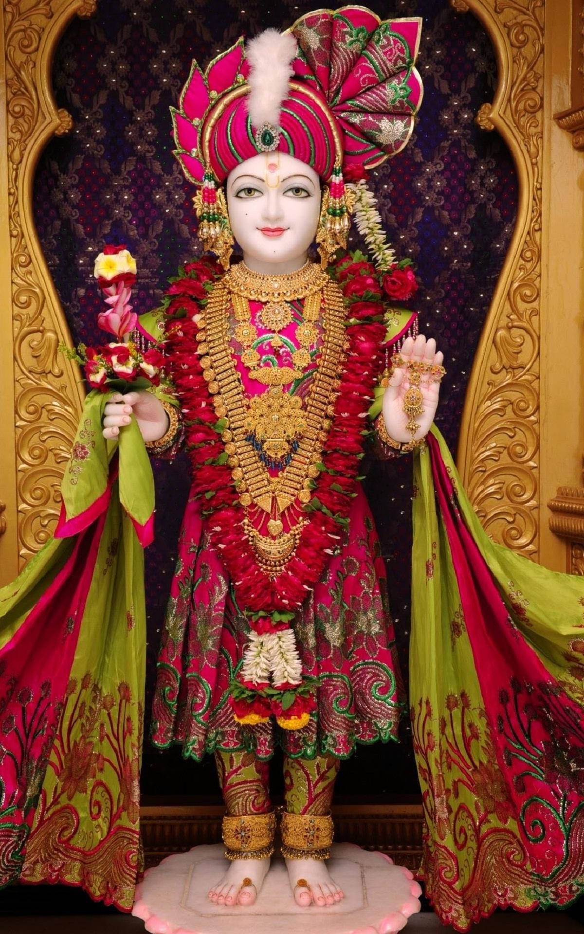 Swaminarayan, vibrant pink and green garments, gold jewelry, Full HD Phone Wallpaper
