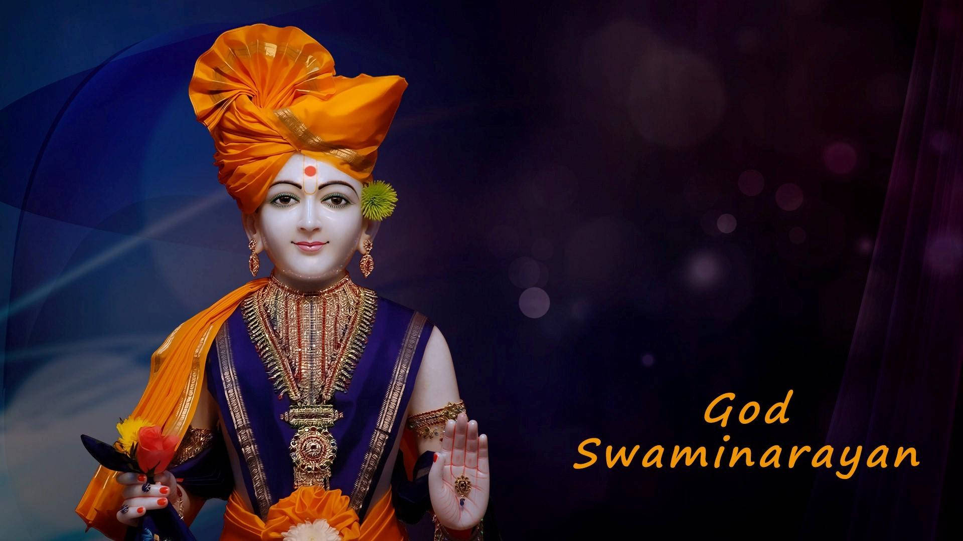 orange and blue swaminarayan, vibrant orange and purple robes, intricate gold jewelry, Full HD Desktop Wallpaper