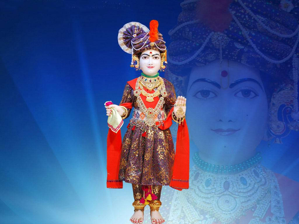 Swaminarayan, red and gold attire, blue backdrop, SD Desktop Wallpaper