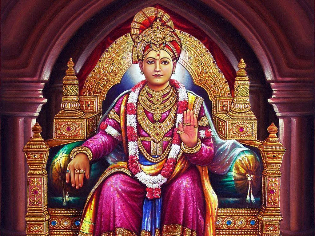Swaminarayan, pink and gold attire, ornate throne, SD Desktop Wallpaper