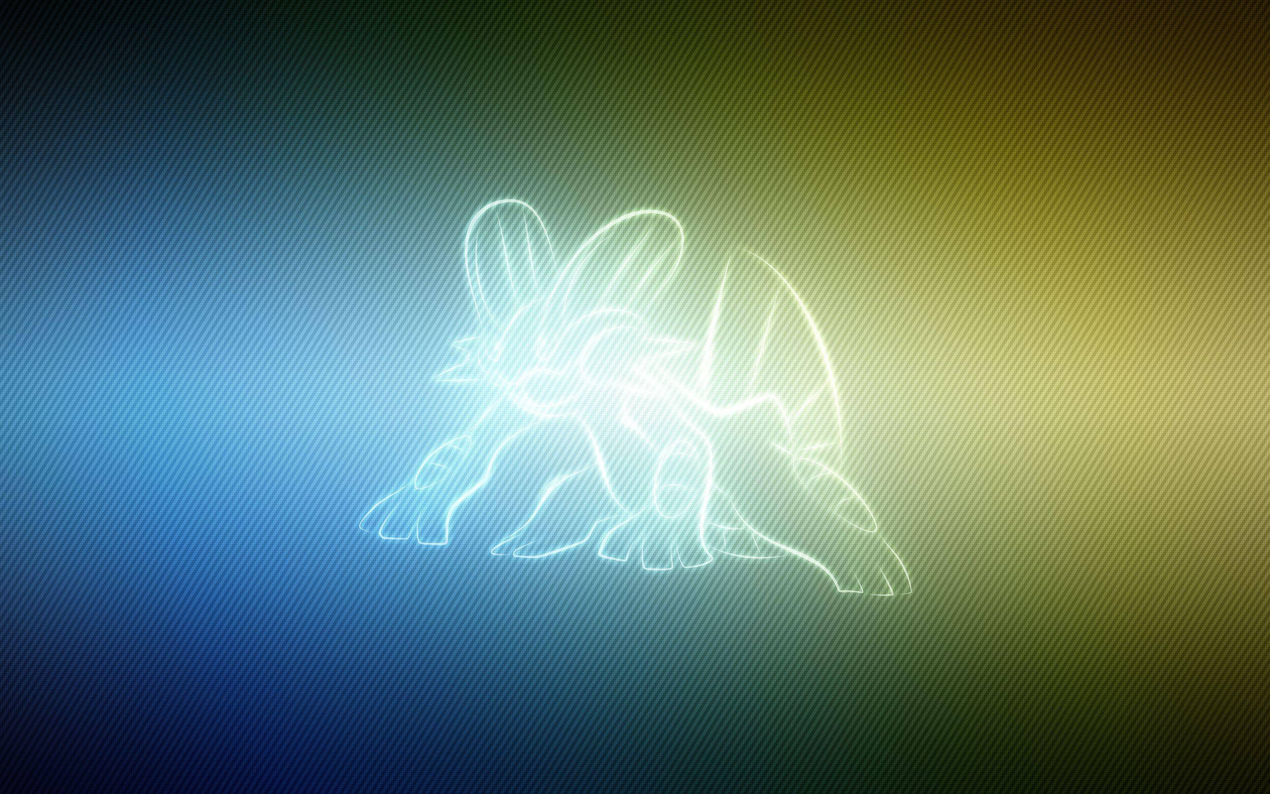 Swampert, glowing white line-art silhouette, gradient blue to yellow striped background, 2K Desktop Wallpaper