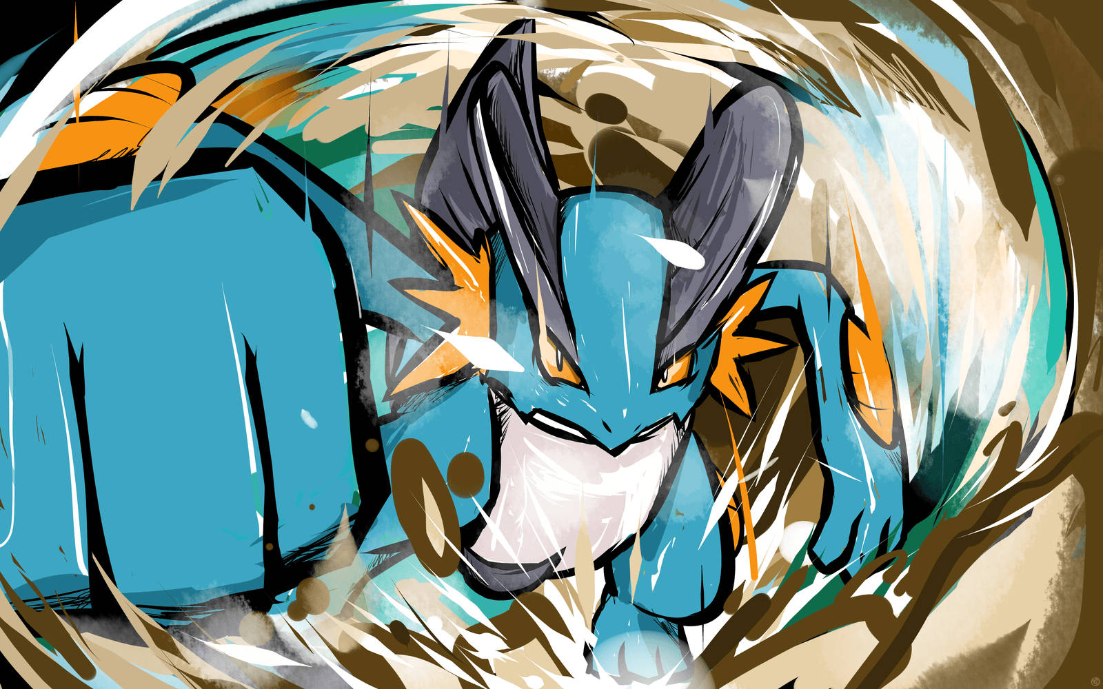 Swampert, blue and orange, anime-style, HD Desktop Wallpaper