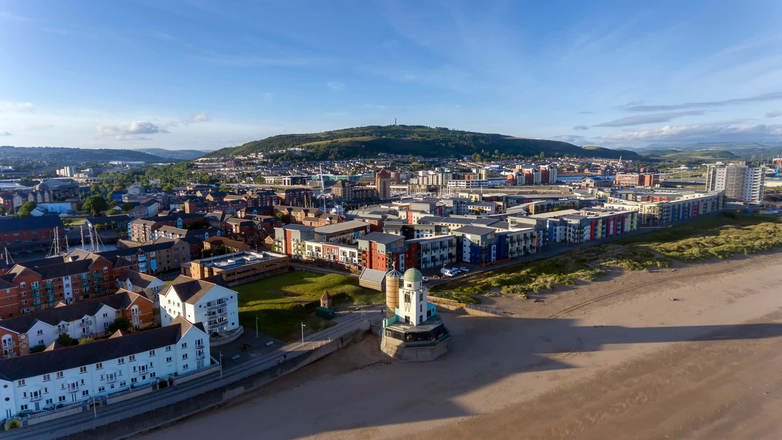 Swansea, cityscape, aerial view, 2K Desktop Wallpaper