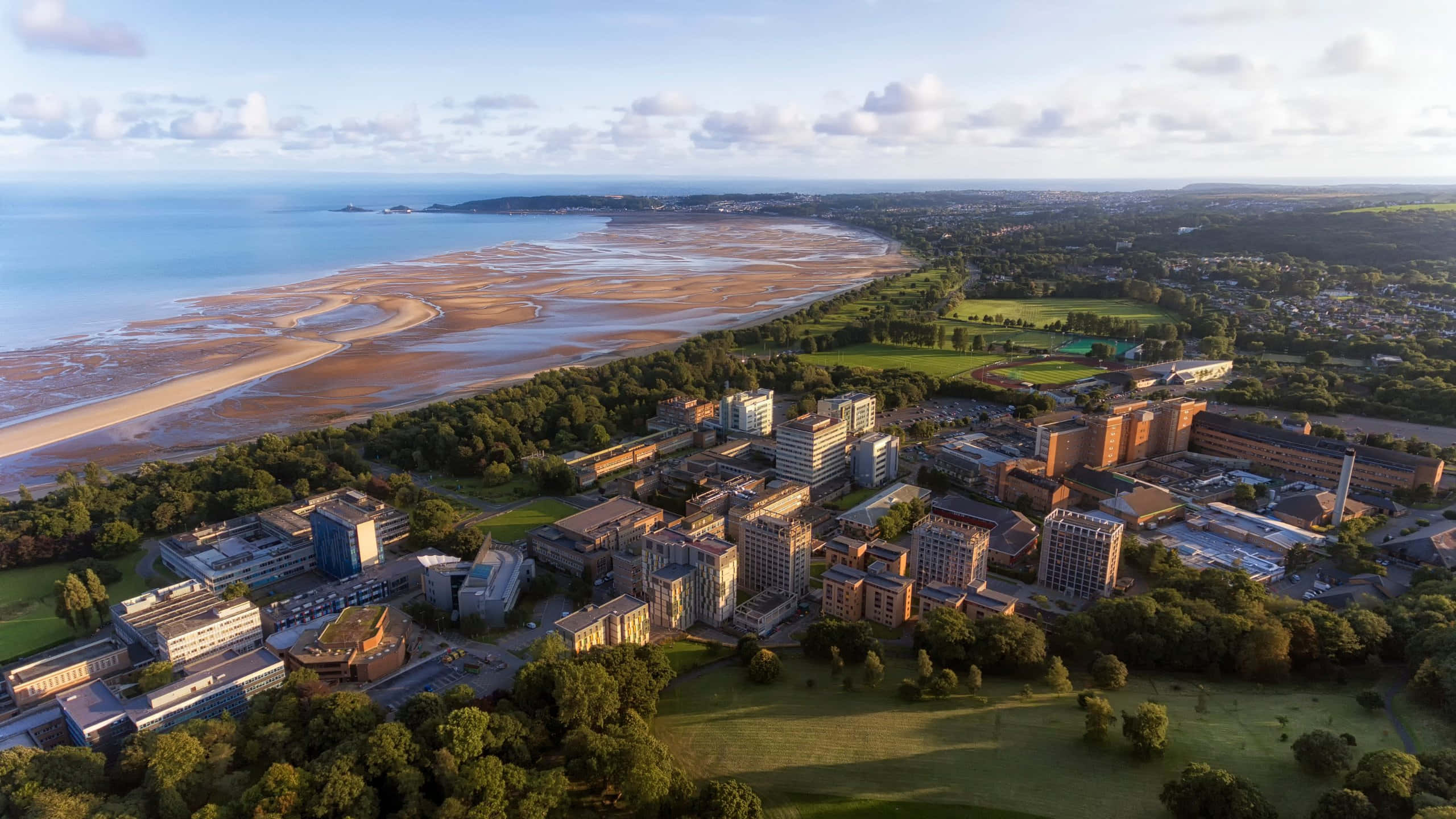Swansea, aerial view, sunset, 2K Desktop Wallpaper