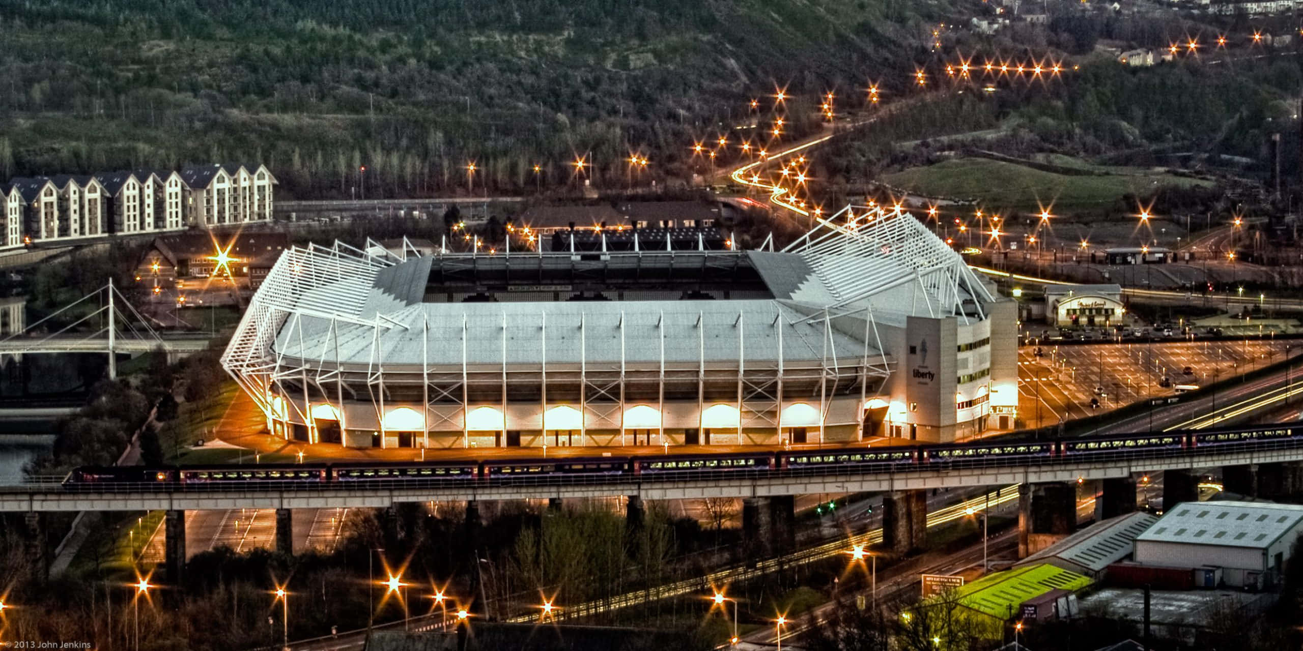 Swansea Stadium, night lights, aerial view, 2K Desktop Wallpaper