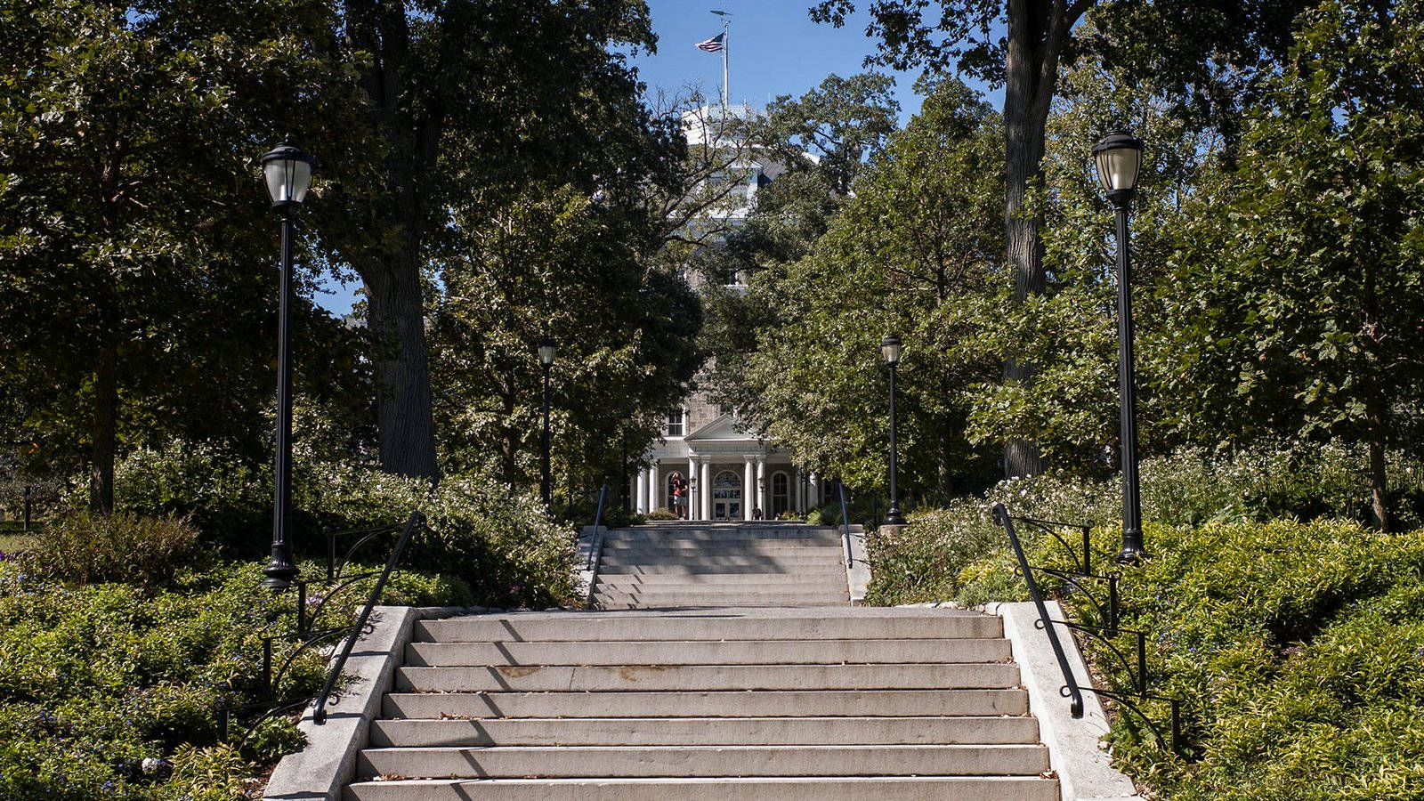 Swarthmore College, grand stone staircase, lush greenery, HD Desktop Wallpaper