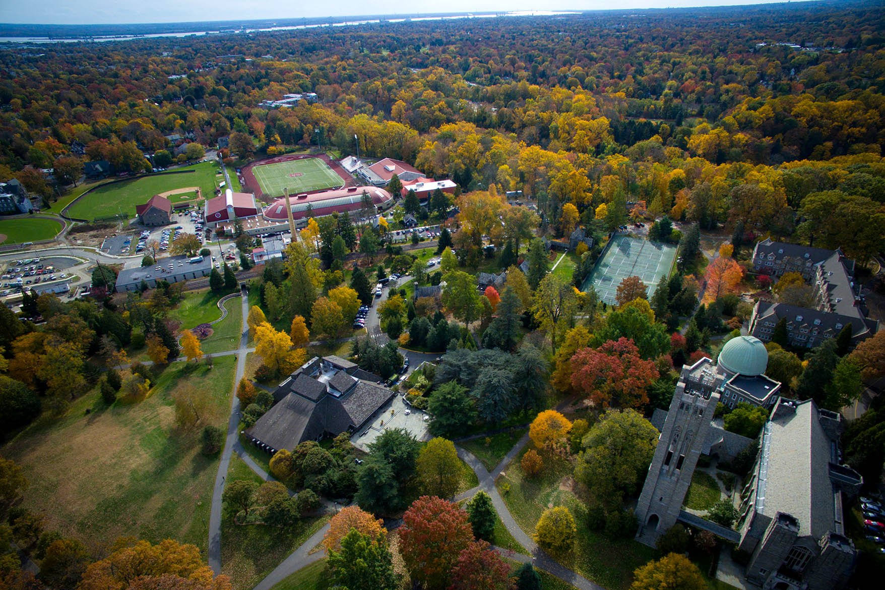 Swarthmore College, autumn woods, vibrant orange yellow and green foliage, HD Desktop Wallpaper
