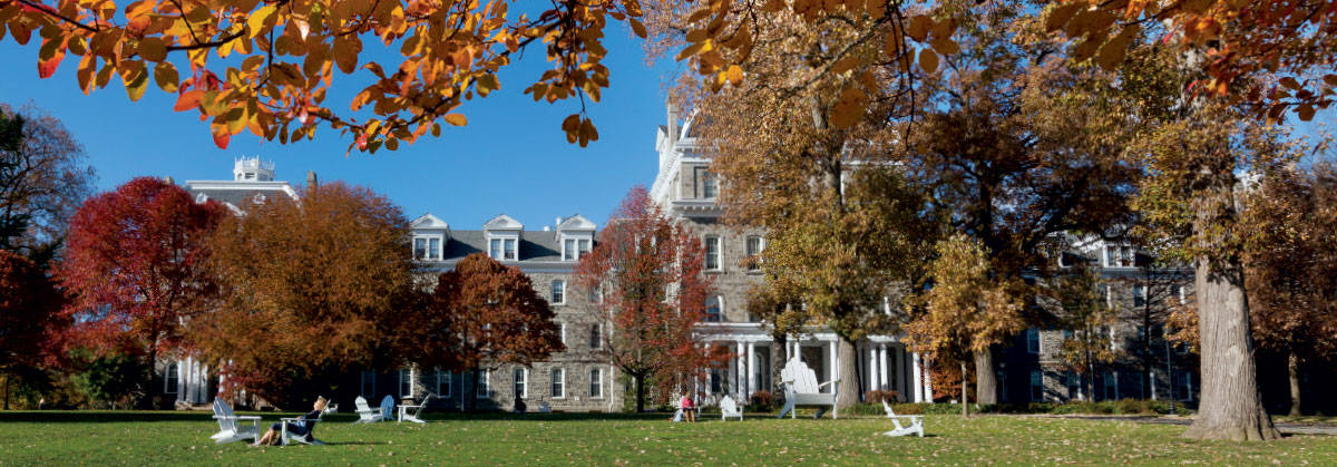 Swarthmore College, grand stone university building, vibrant autumn trees, SD Desktop Wallpaper