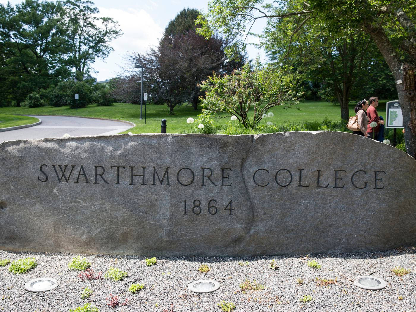 Swarthmore College 1864, stone sign, sunlit campus garden, HD Desktop Wallpaper