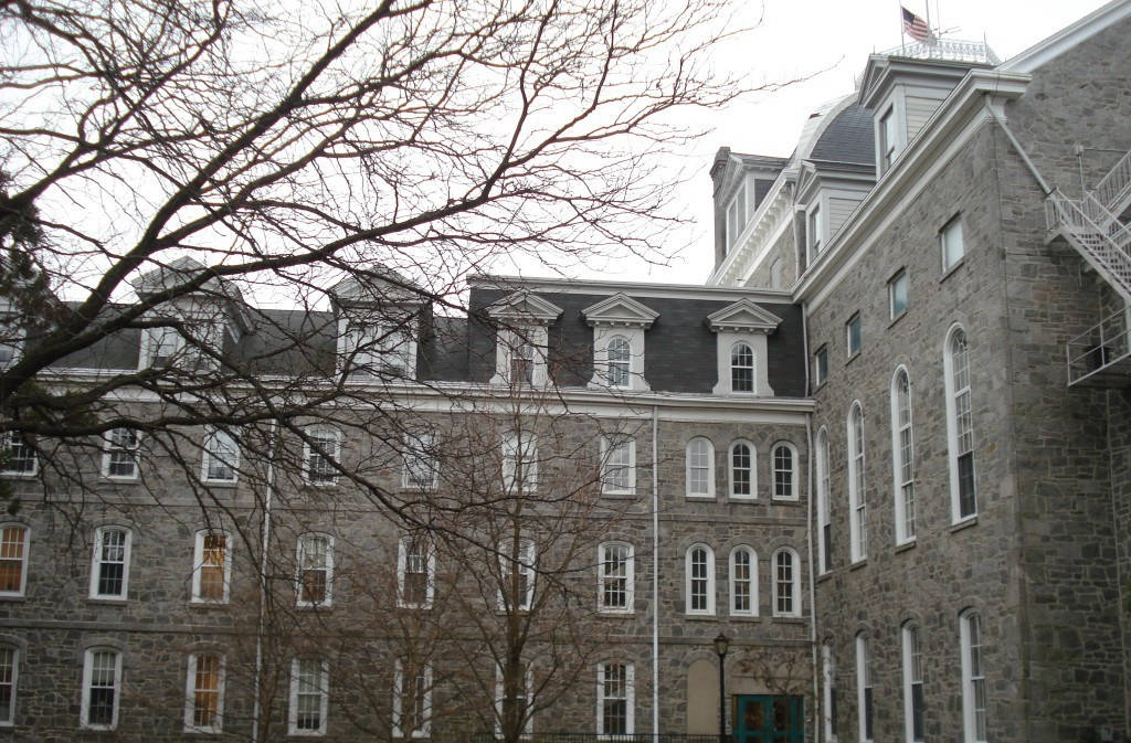 Swarthmore College, grand stone building, white-trimmed windows, SD Desktop Wallpaper